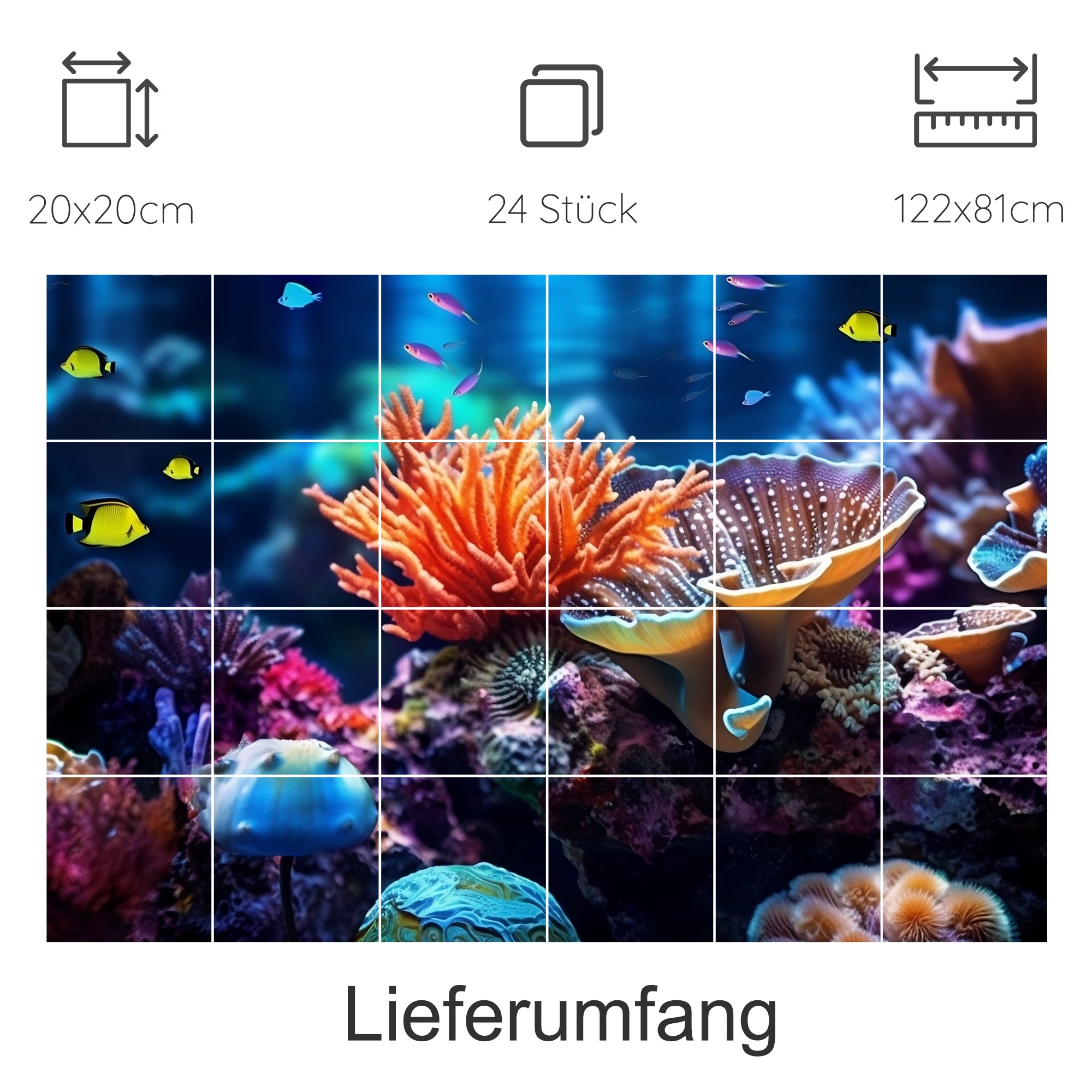 Buntes Unterwasser-Szenario mit Korallen und Fischen.