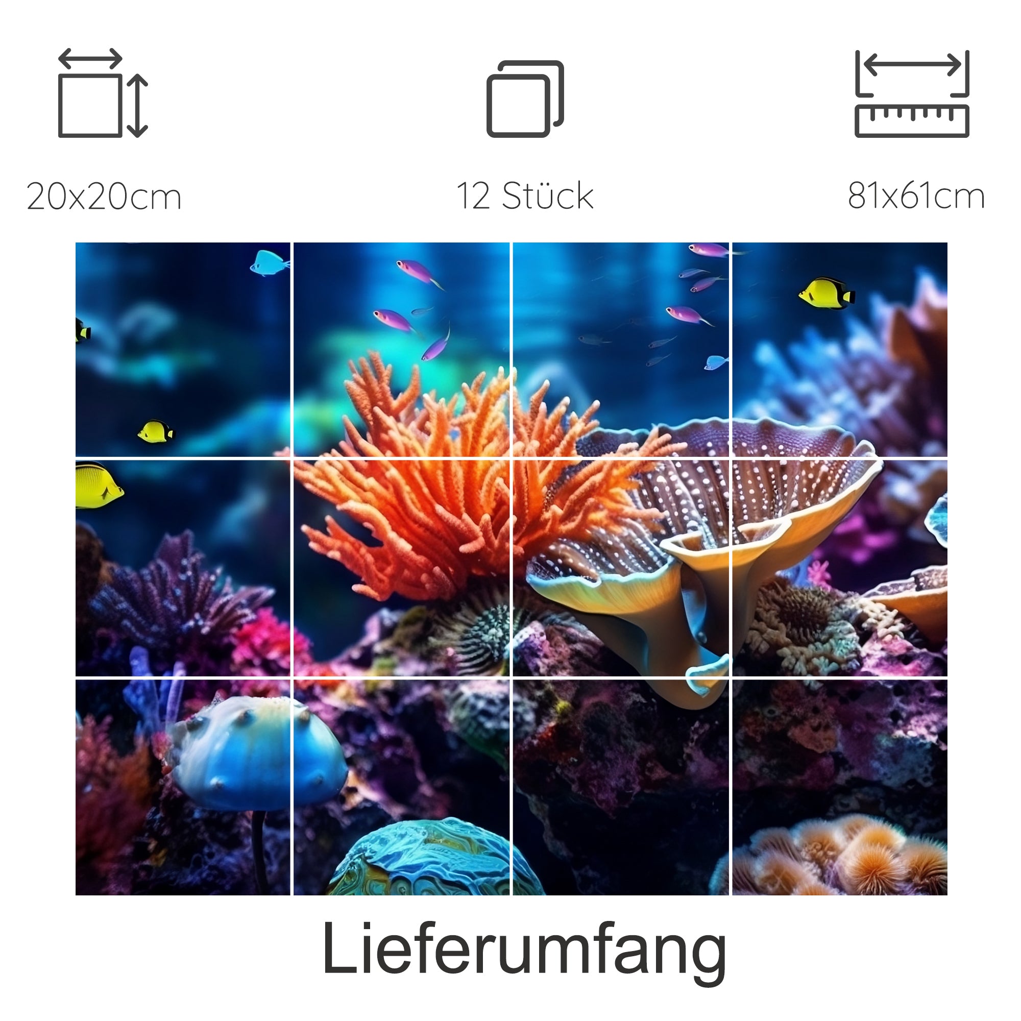 Bunte Korallenlandschaft mit Fischen, 12-teiliges Wandbild.