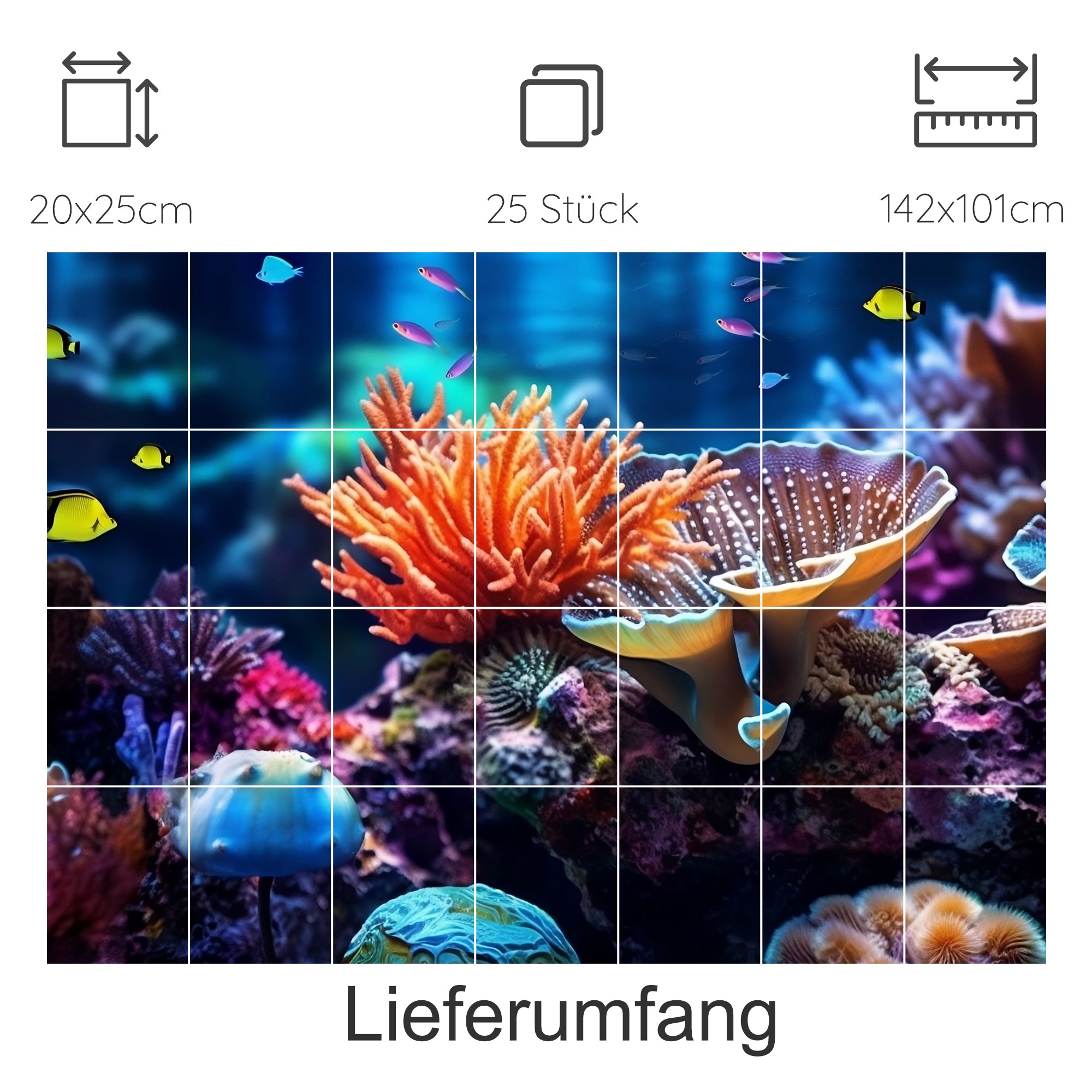 Bunte Korallenriff-Szene mit Fischen und Meeresbewohnern.