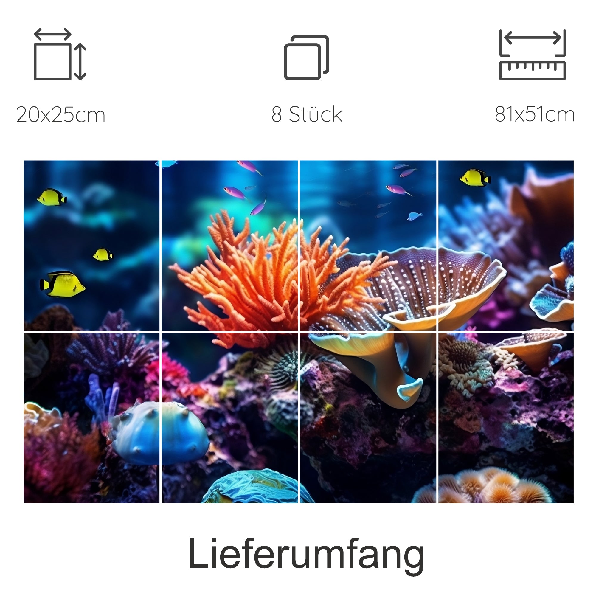 Bunte Unterwasserlandschaft mit Korallen und Fischen.