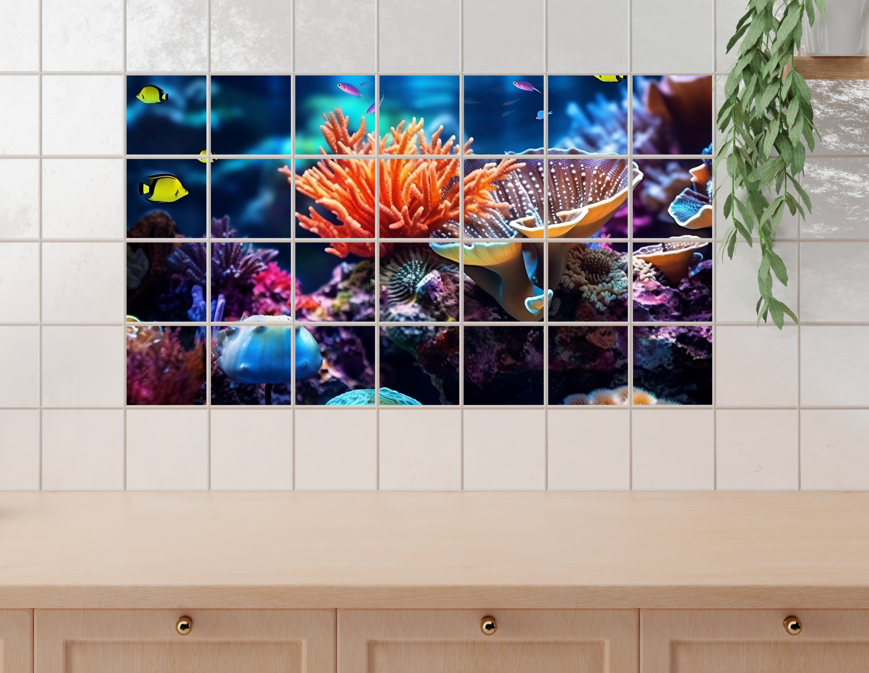 Bunte Korallen und Fische in einem Unterwasser-Szenario.