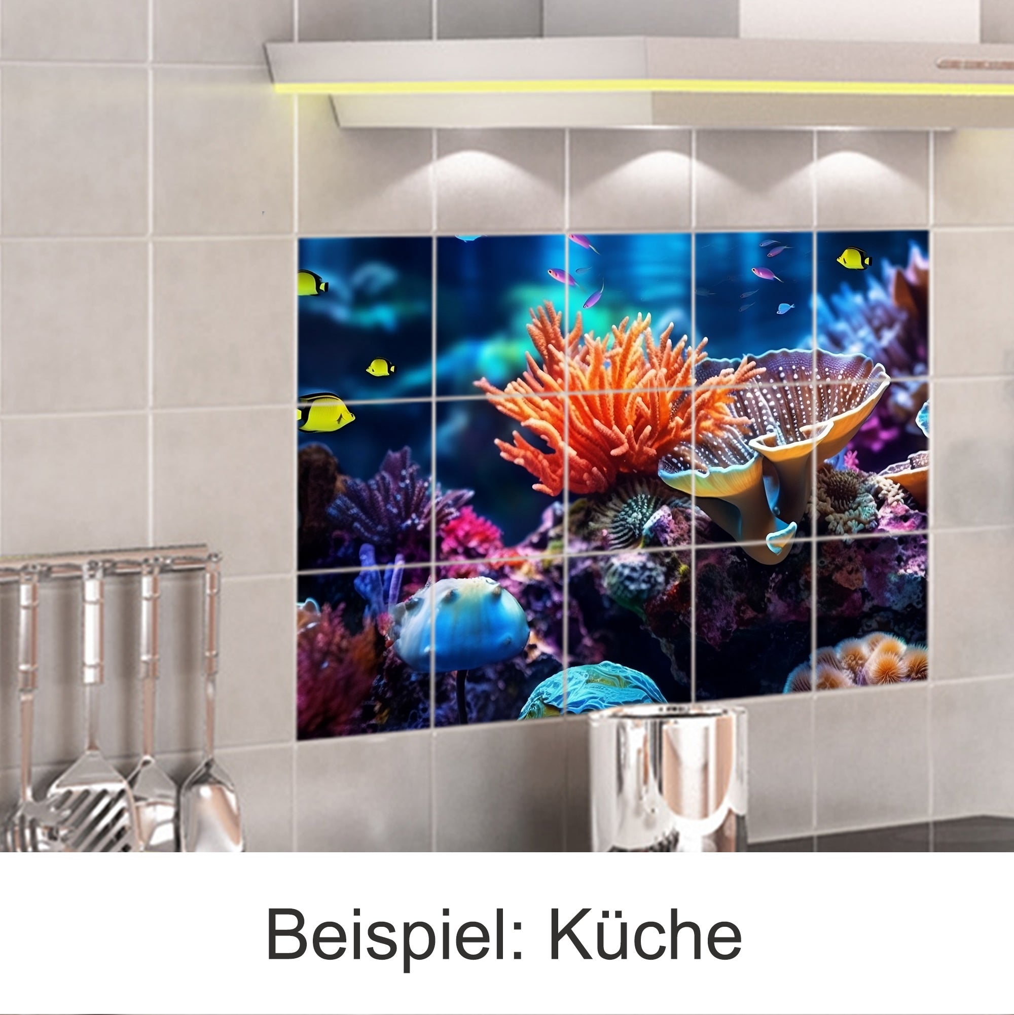 Bunte Korallenlandschaft mit Fischen, lebendige Farben.