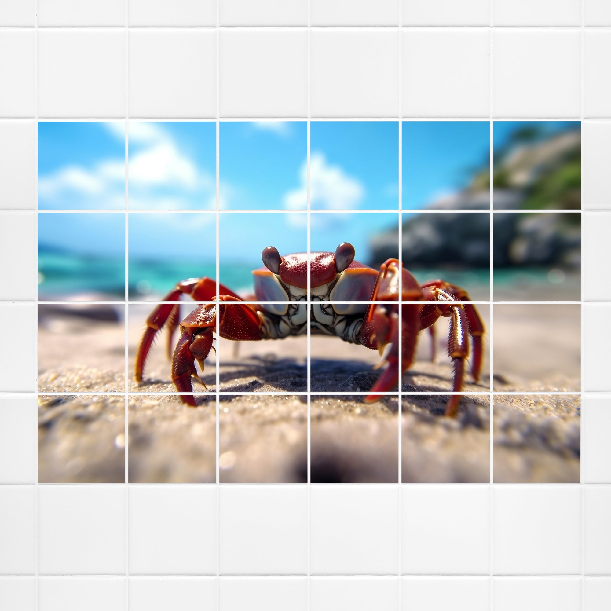 Roter Krebs am Strand mit blauem Himmel im Hintergrund.