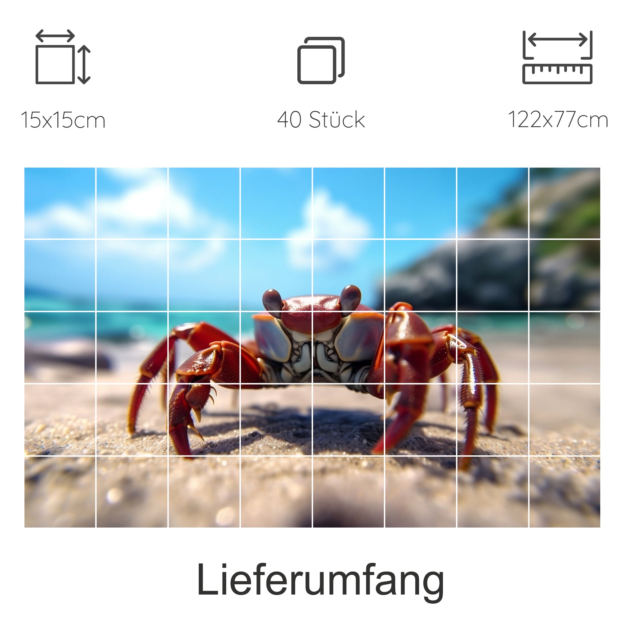 Roter Krebs am Strand mit verschwommenem Hintergrund.