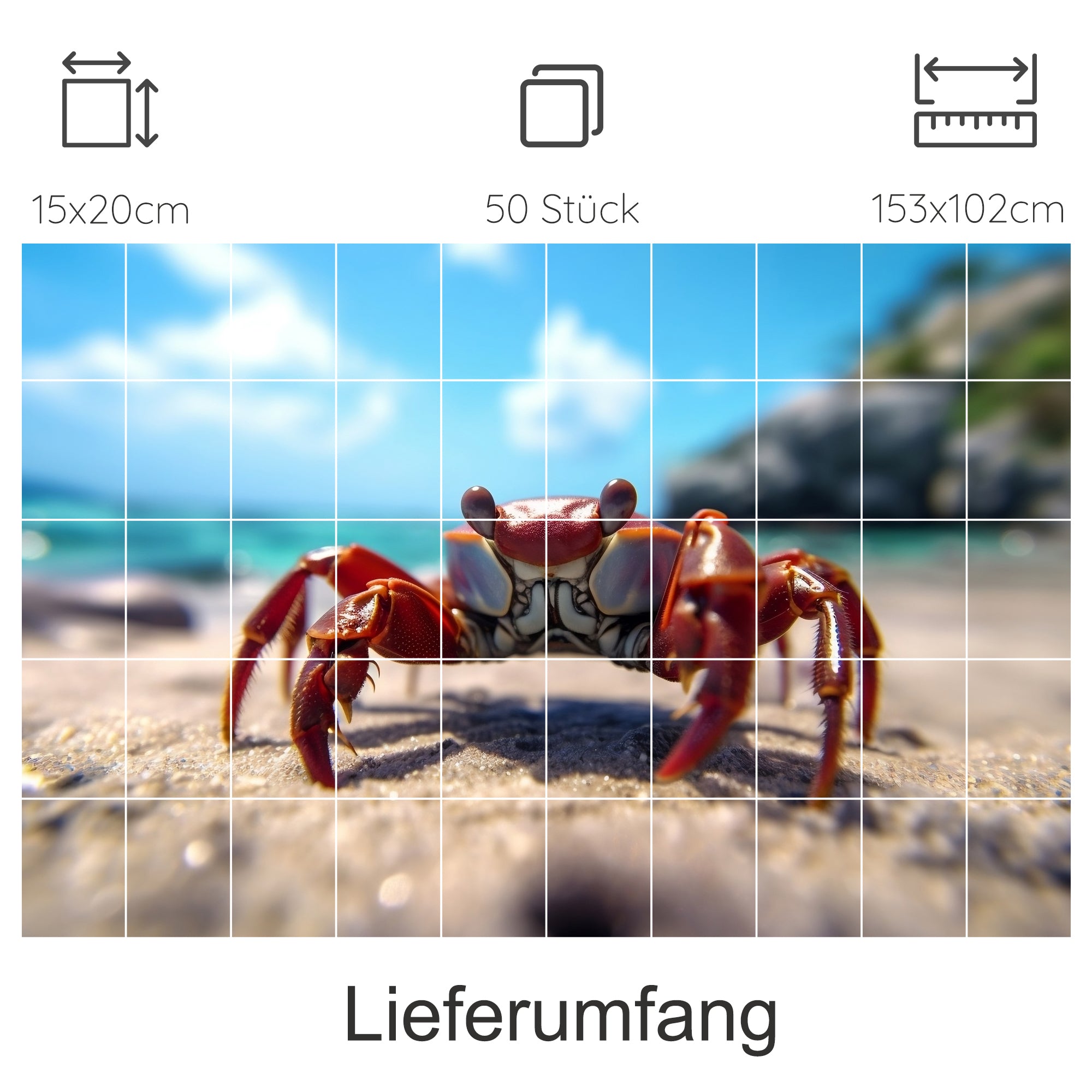 Roter Krebs am Strand, klare blaue Himmel und Wasser.