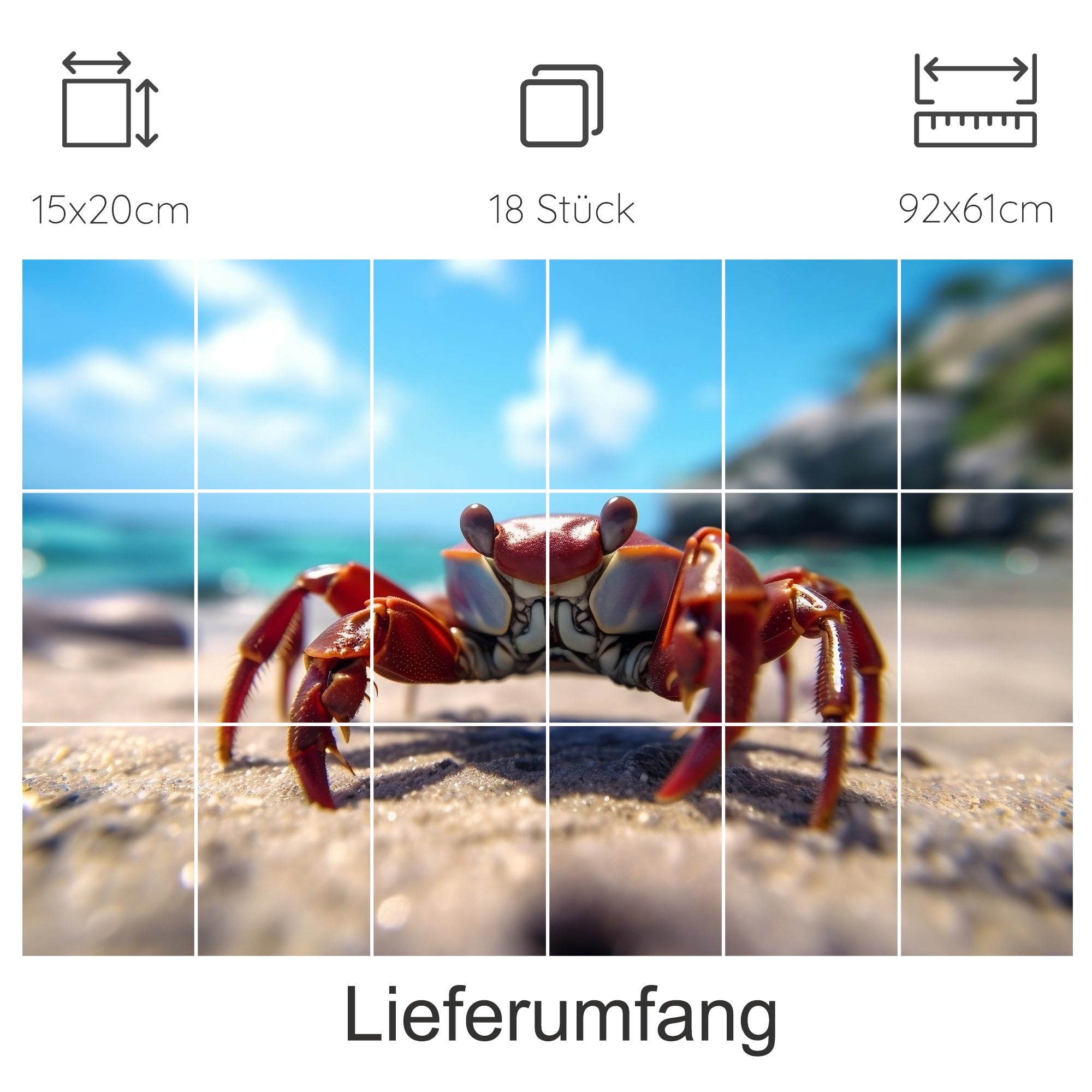 Roter Krebs am Strand mit blauem Himmel.