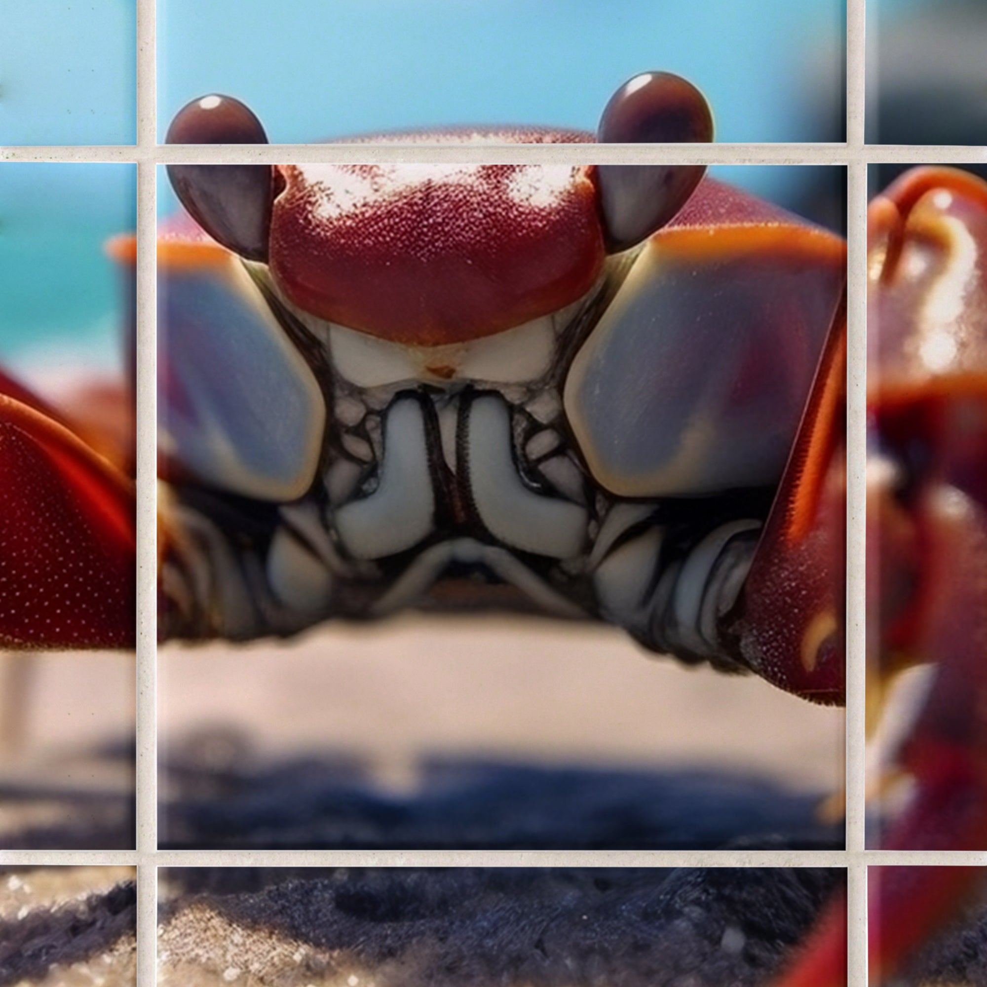 Roter Krebs mit glänzendem Panzer am Strand.