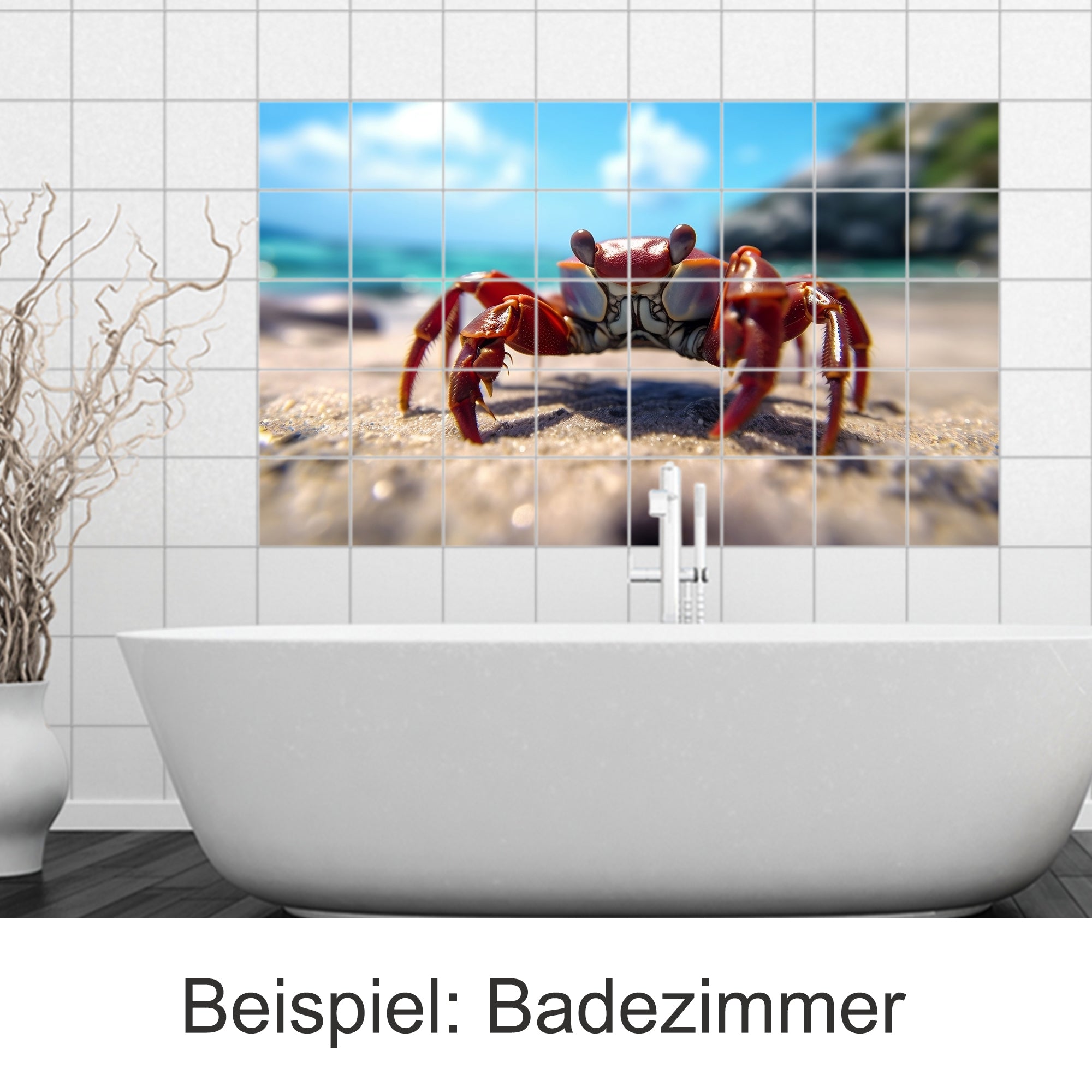 Rote Krabbe auf Sandstrand, blaue Wasserlandschaft im Hintergrund.