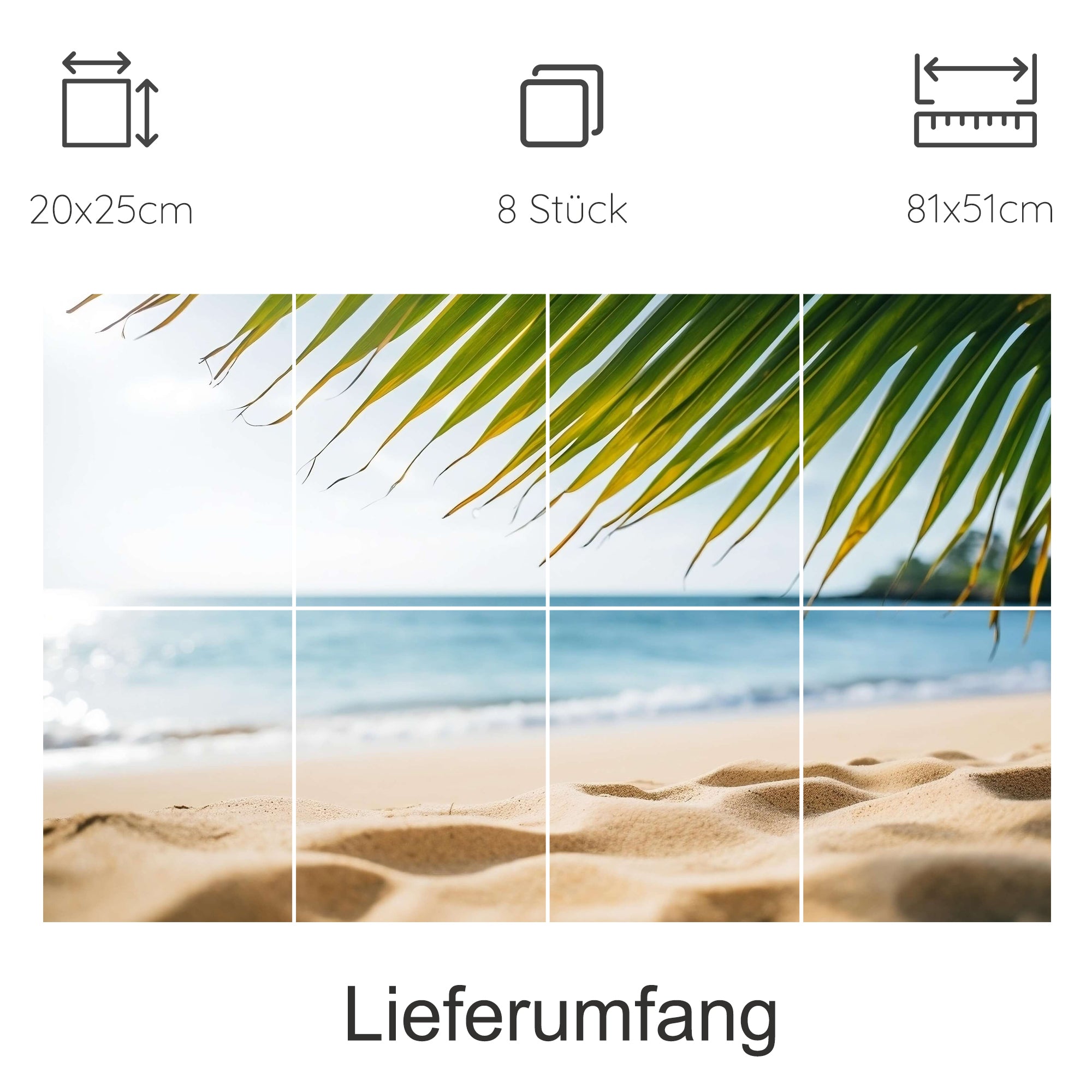 Strandmotiv mit Palmenblättern, blauem Wasser und Sand.