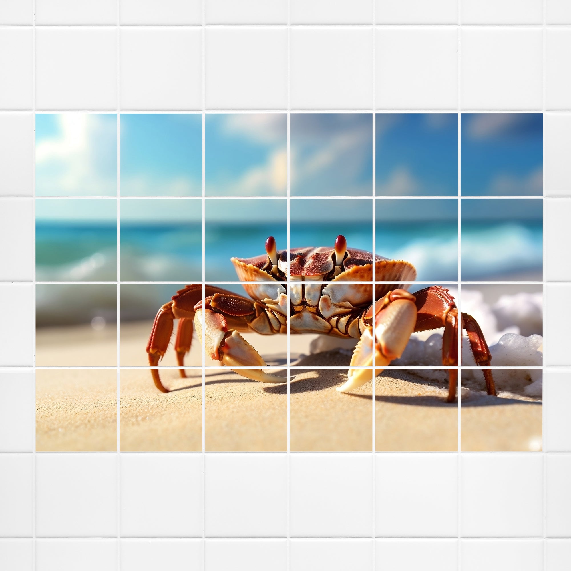 Roter Krebs am Strand mit blauem Himmel im Hintergrund.