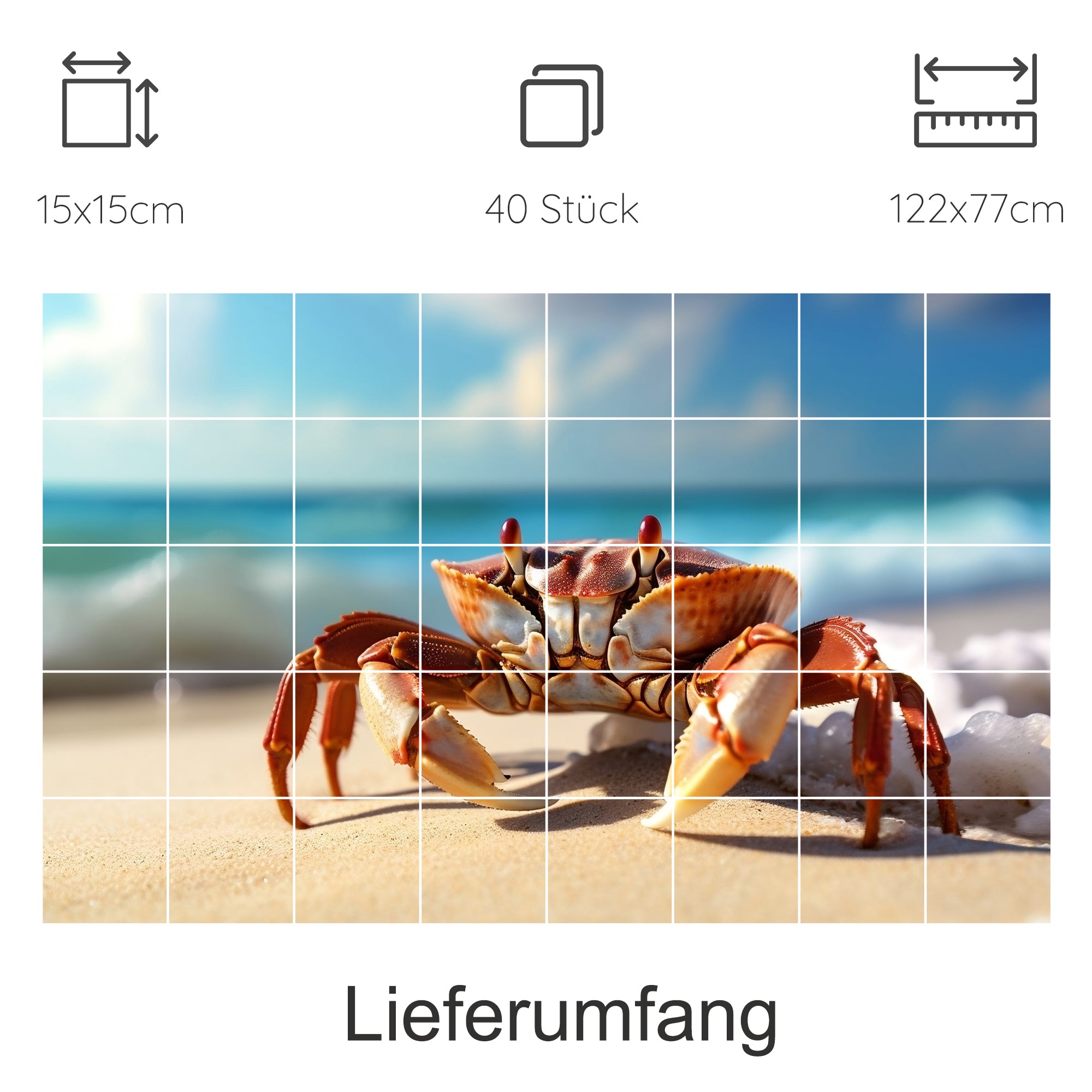 Roter Krebs am Strand, lebendige Farben, klare Details.