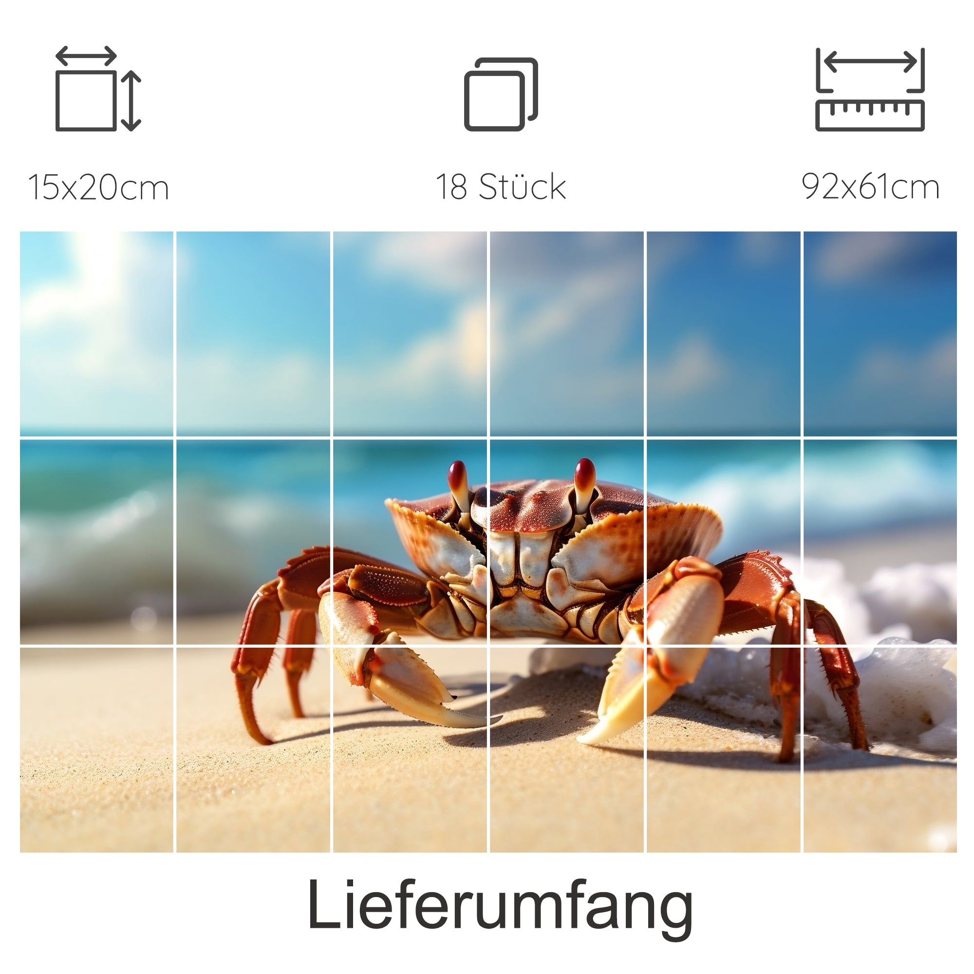 Krabbe am Strand, orange-braun, mit blauem Himmel.