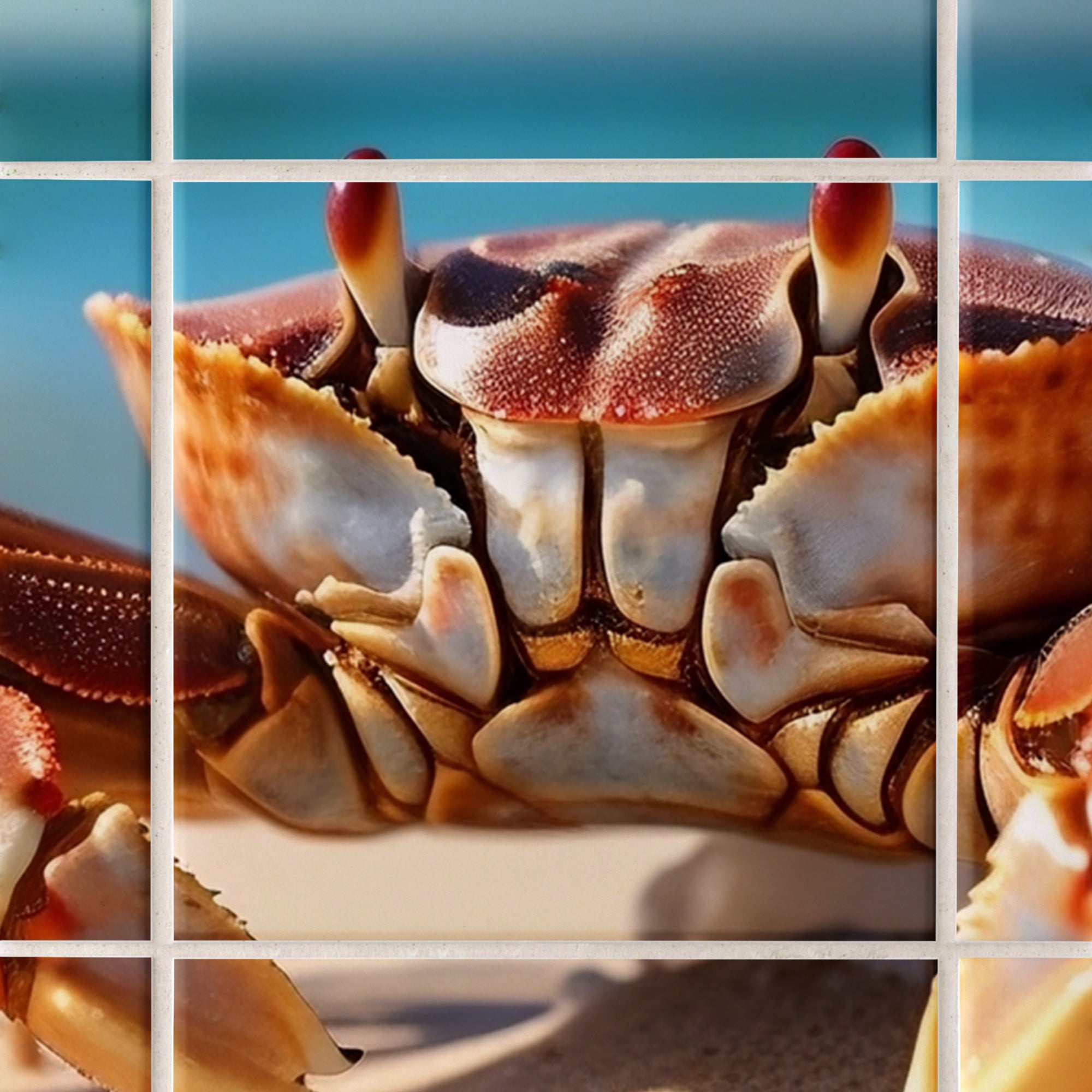 Brauner Krebs mit roten und weißen Details am Strand.