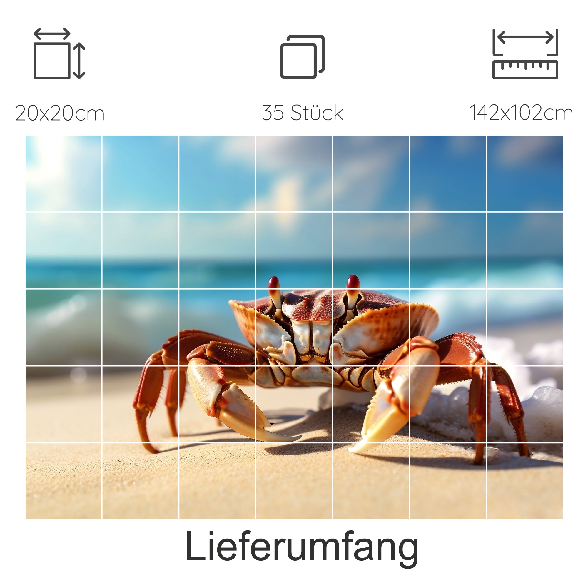 Roter Krebs am Strand mit blauem Wasser im Hintergrund.