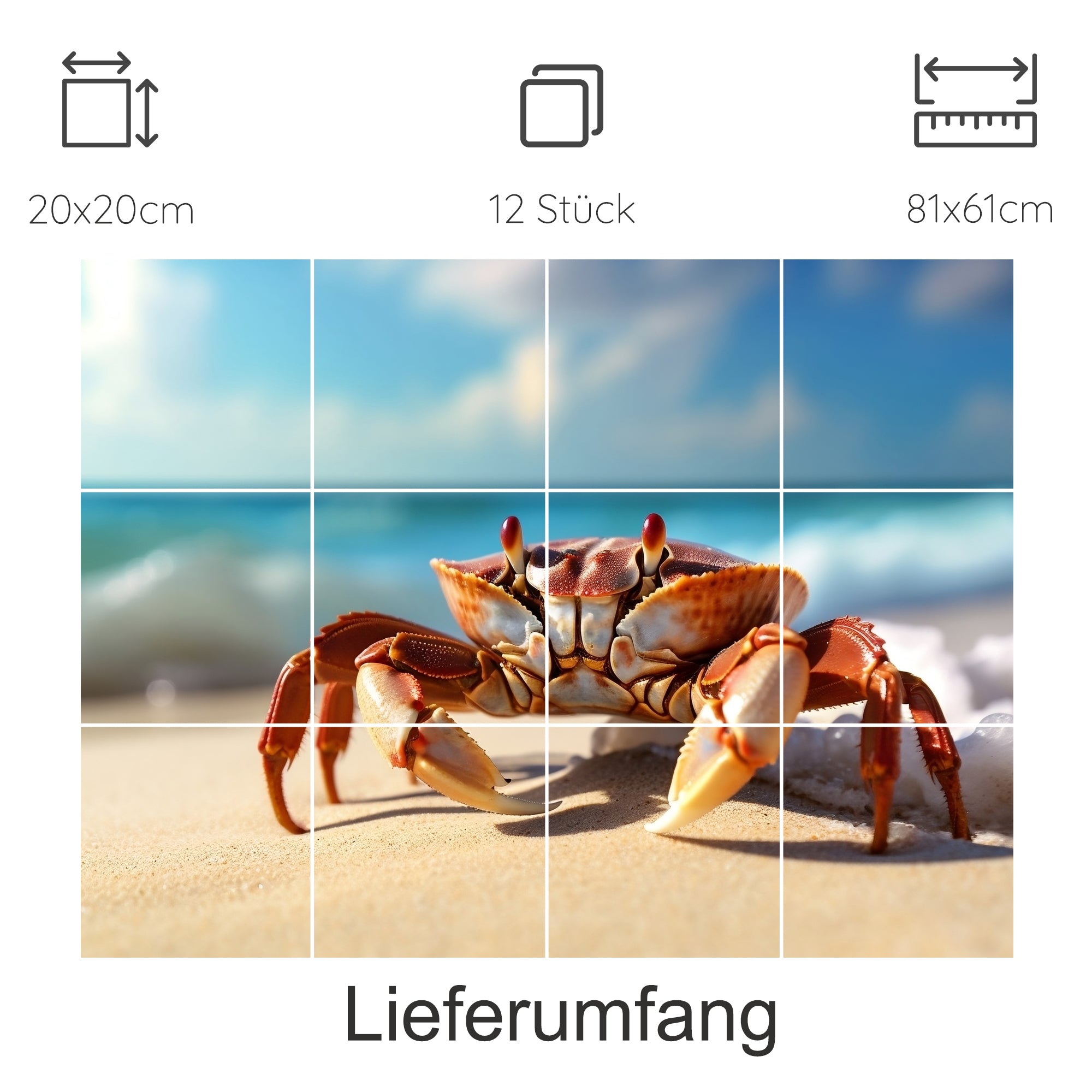 Krabbe am Strand, lebendige Farben, 12-teiliges Set.