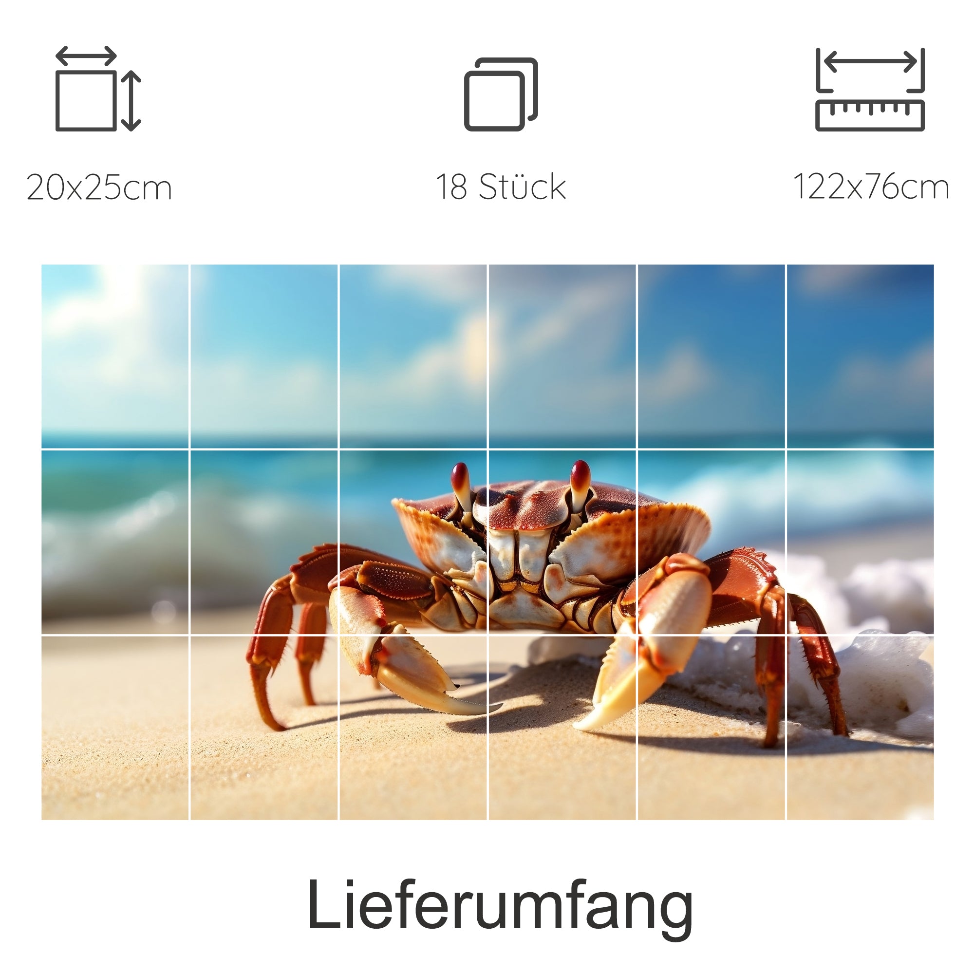 Krabbe am Strand, lebendige Farben, 18-teiliges Set.