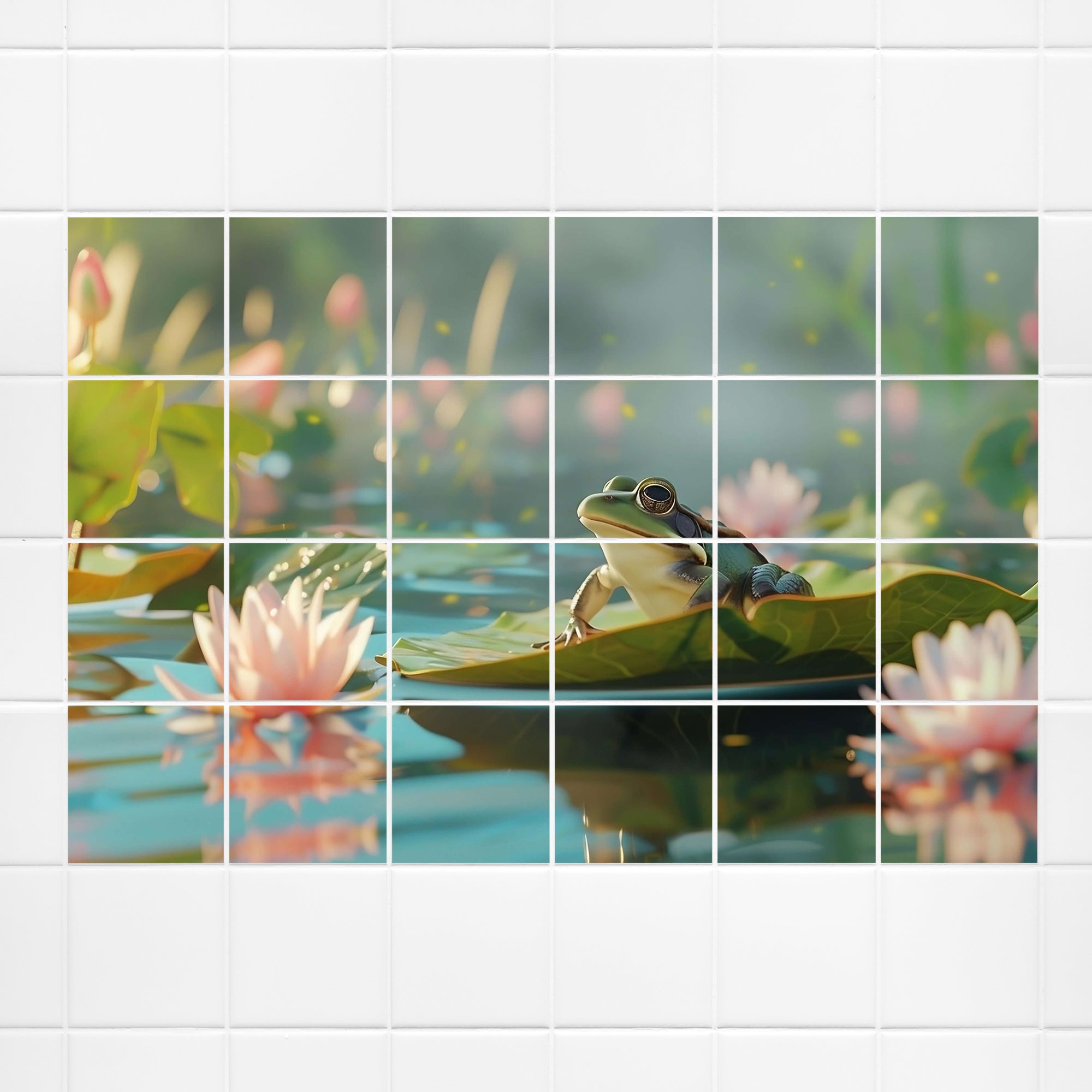 Grüne Froschfigur auf einem Seerosenblatt im Wasser.