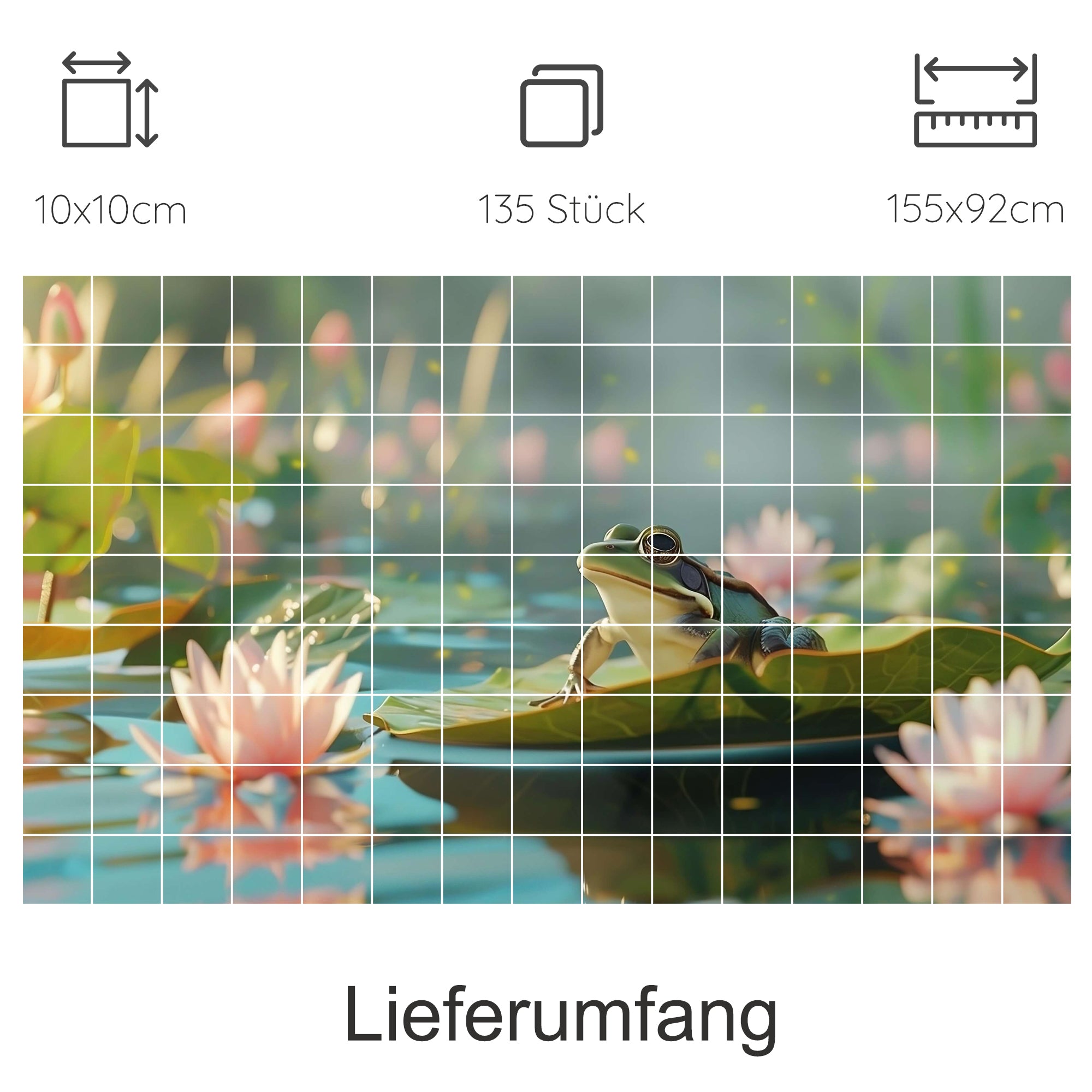 Frosch auf Seerosenblatt, sanfte Farben, ruhige Wasseroberfläche.