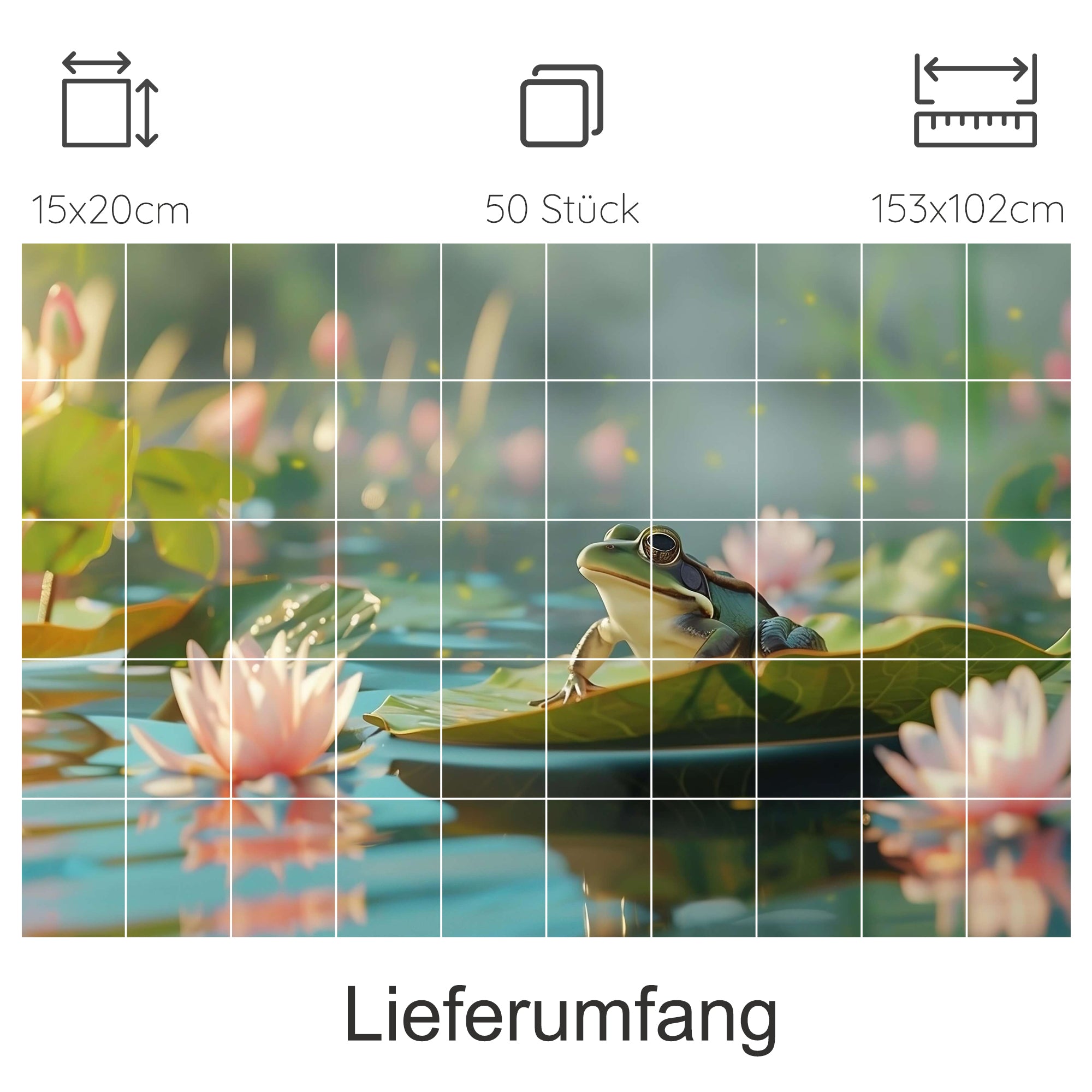 Frosch auf Seerosenblatt, sanfte Farben, idyllische Wasserlandschaft.