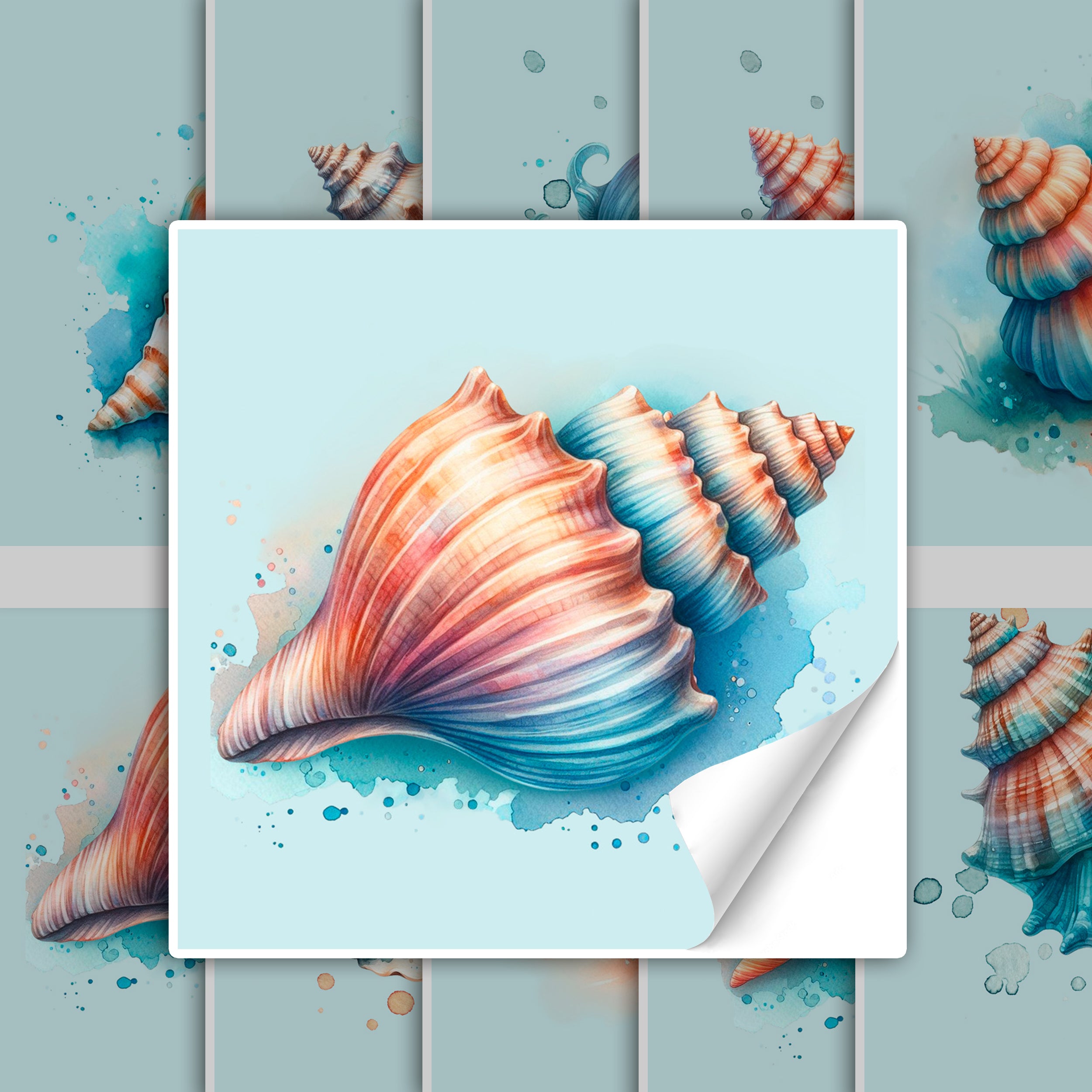 Bunte Muscheln in Pastellfarben auf aquamarinfarbenem Hintergrund.