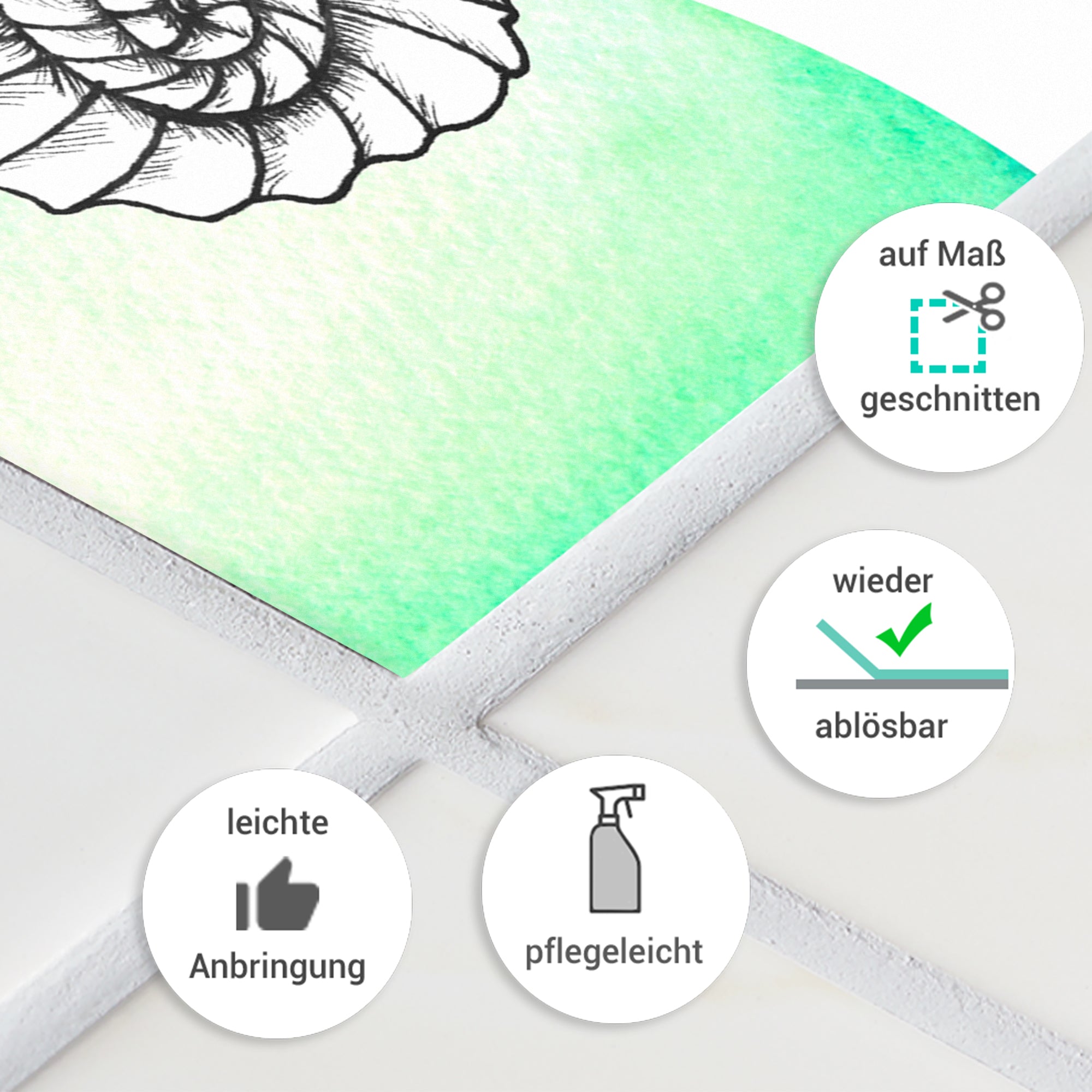 Grüner Wandaufkleber mit floralen Motiven, pflegeleicht und ablösbar.