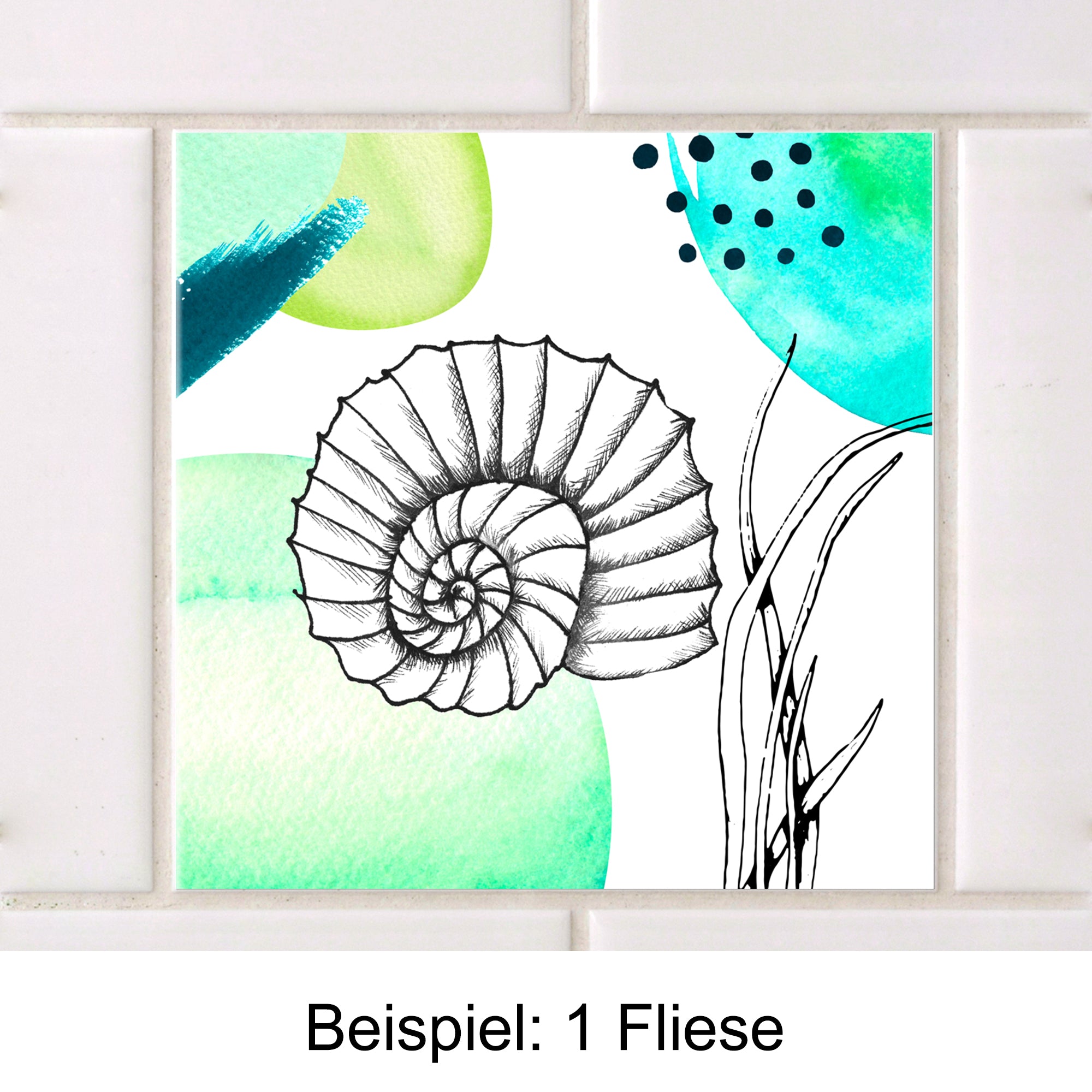Fliese mit Nautilus-Motiv und bunten Wasserfarben.