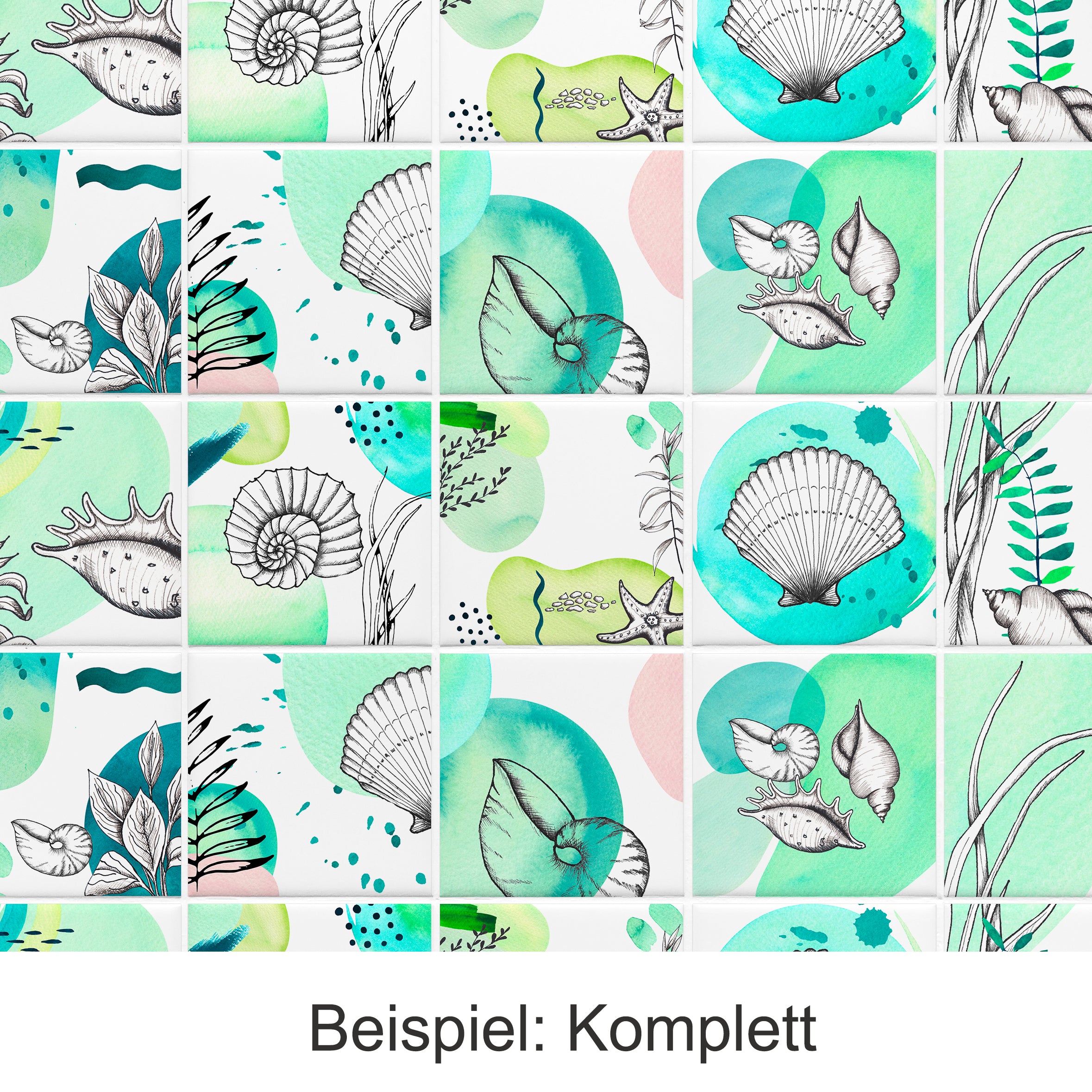 Meeresmuster mit Muscheln, Wasserfarben in Blau und Grün.