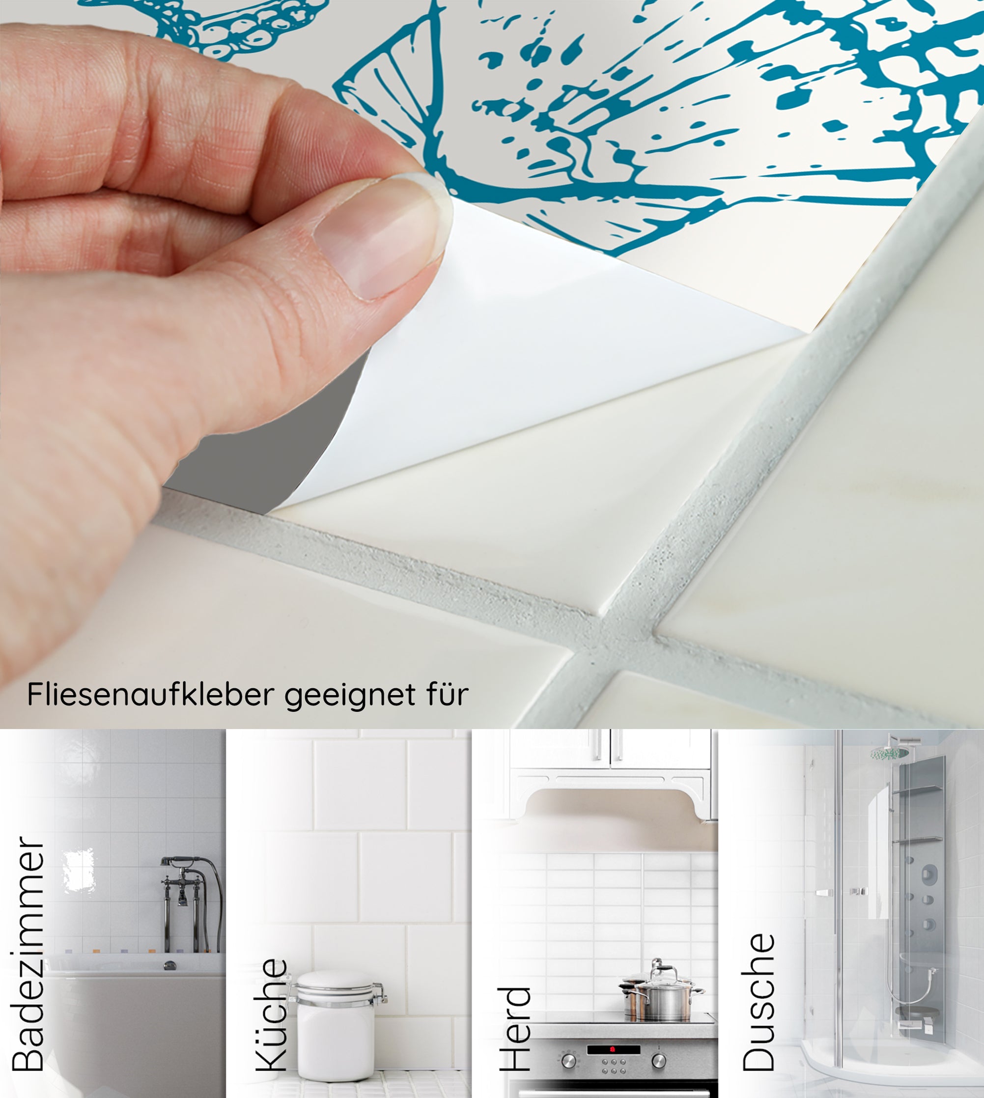 Fliesenaufkleber in Weiß mit blauer Musterung.