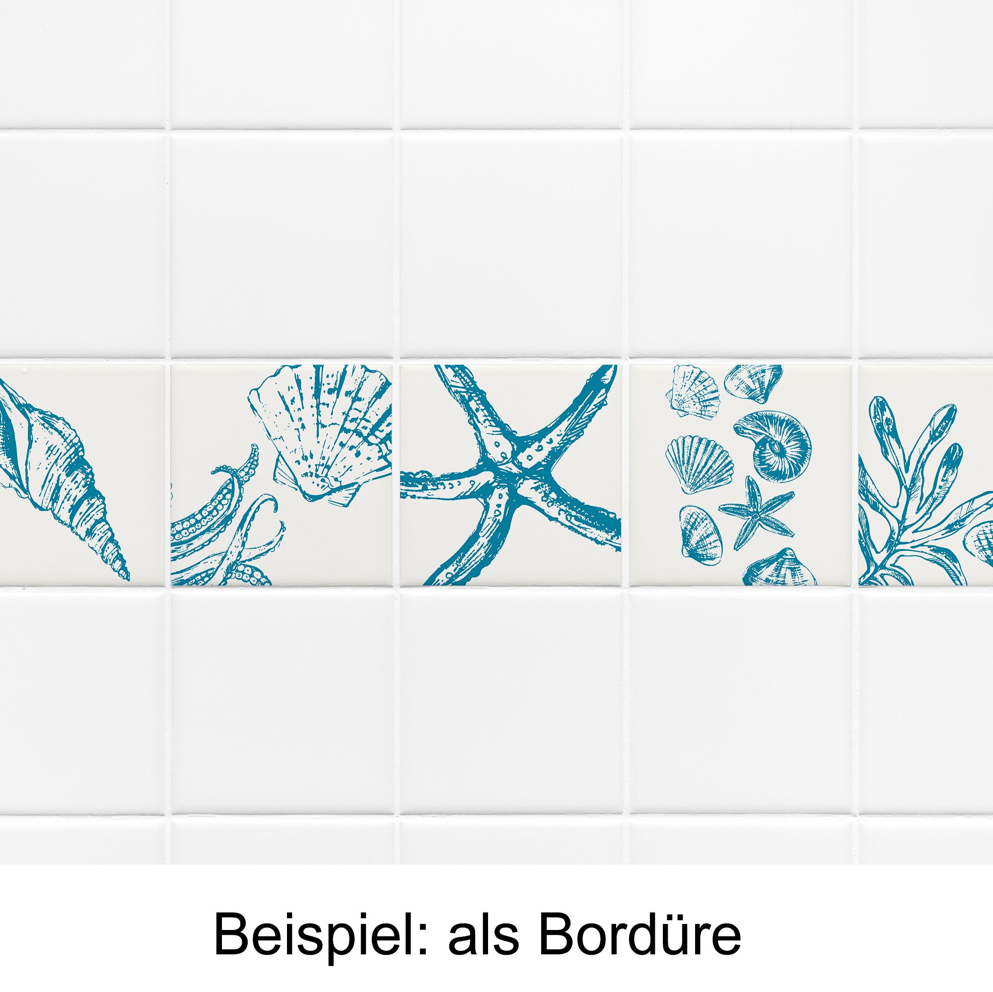 Blaue Fliesenbordüre mit Muschelmotiven und Seestern.