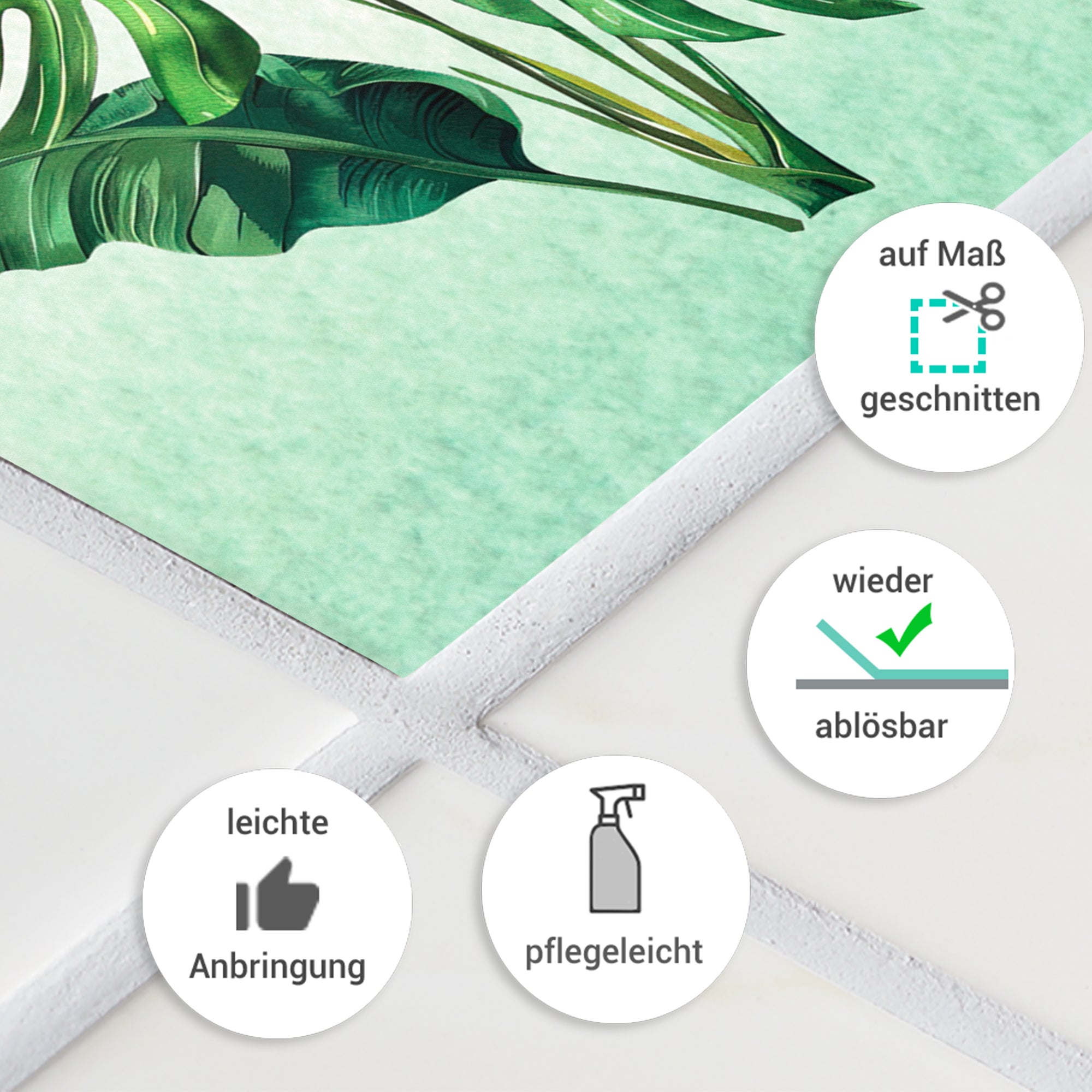 Grüner Wandaufkleber mit Pflanzenmotiv, pflegeleicht und ablösbar.