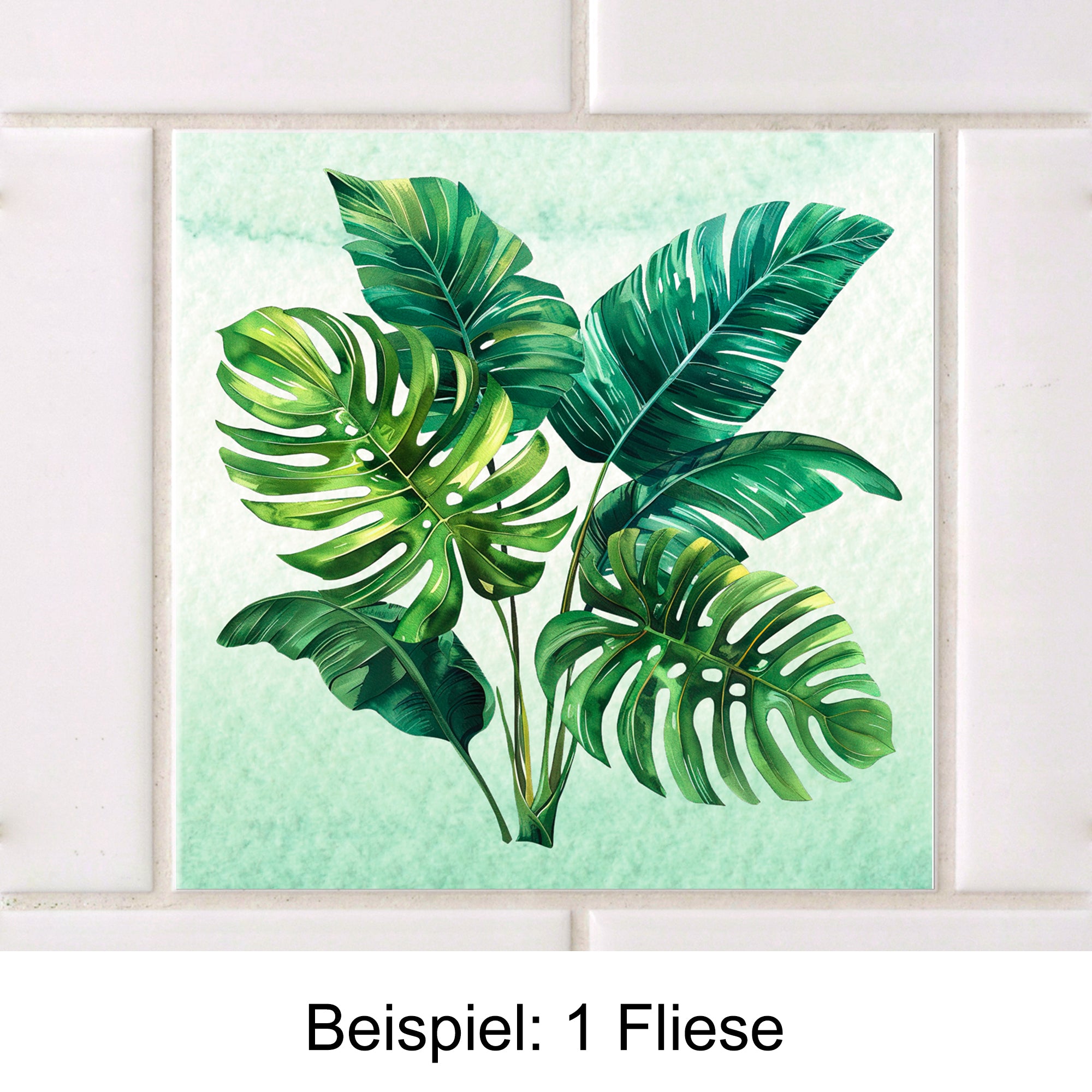 Fliese mit grünen Monstera-Blättern auf mintgrünem Hintergrund.