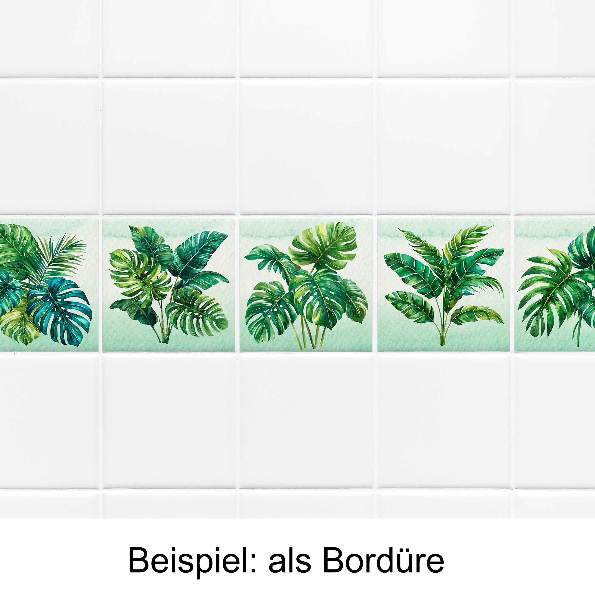 Grüne Pflanzenmuster auf Fliesenbordüre mit hellgrünem Hintergrund.