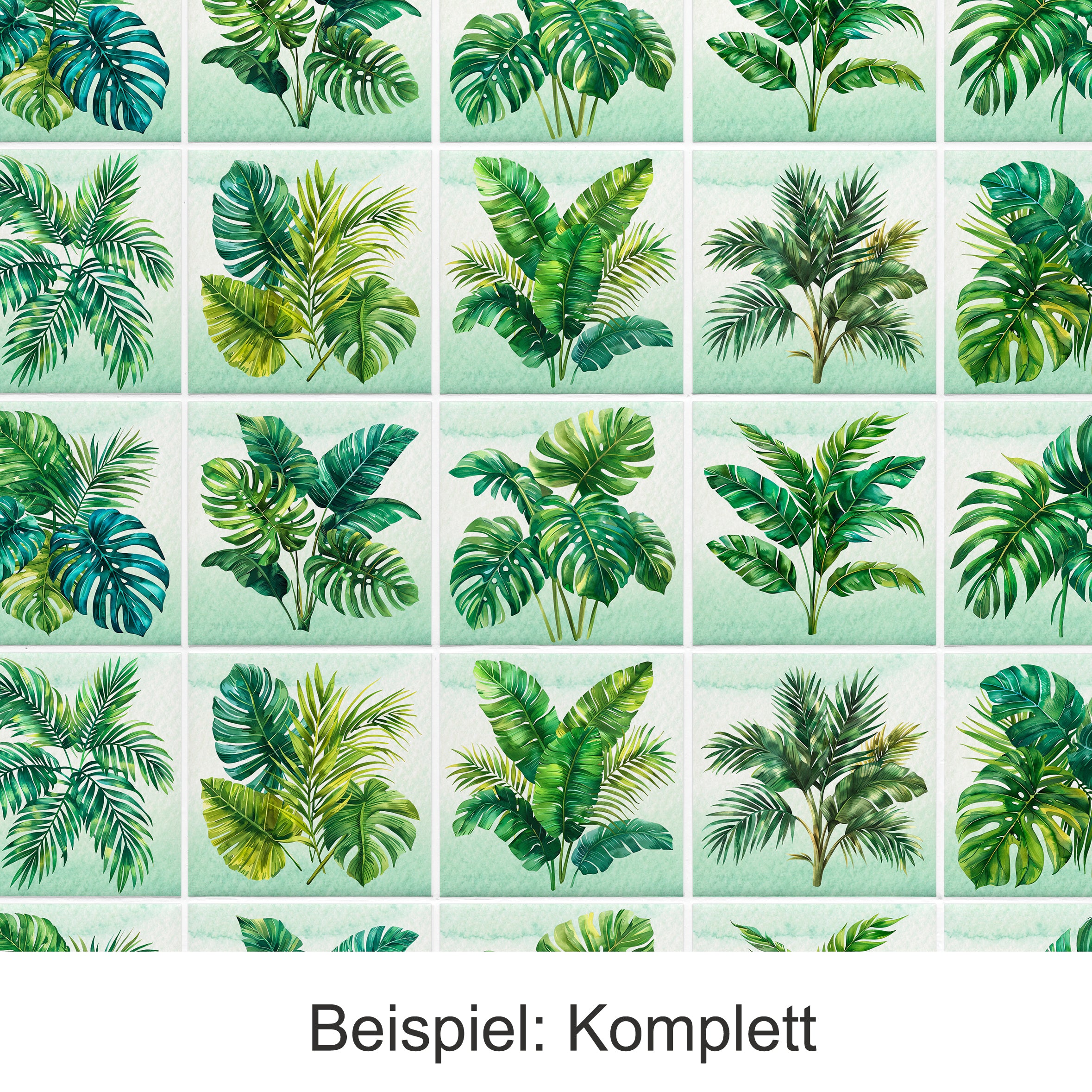 Grünes Pflanzenmuster mit verschiedenen Blattarten und Texturen.