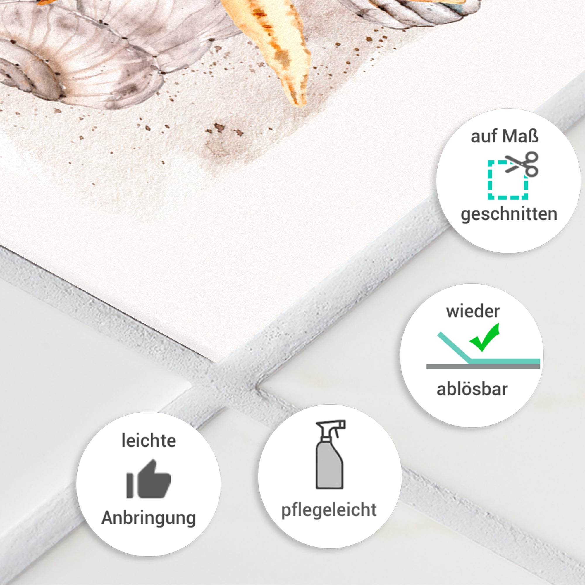 Wieder ablösbare, pflegeleichte Wandtapete in neutralen Farben.