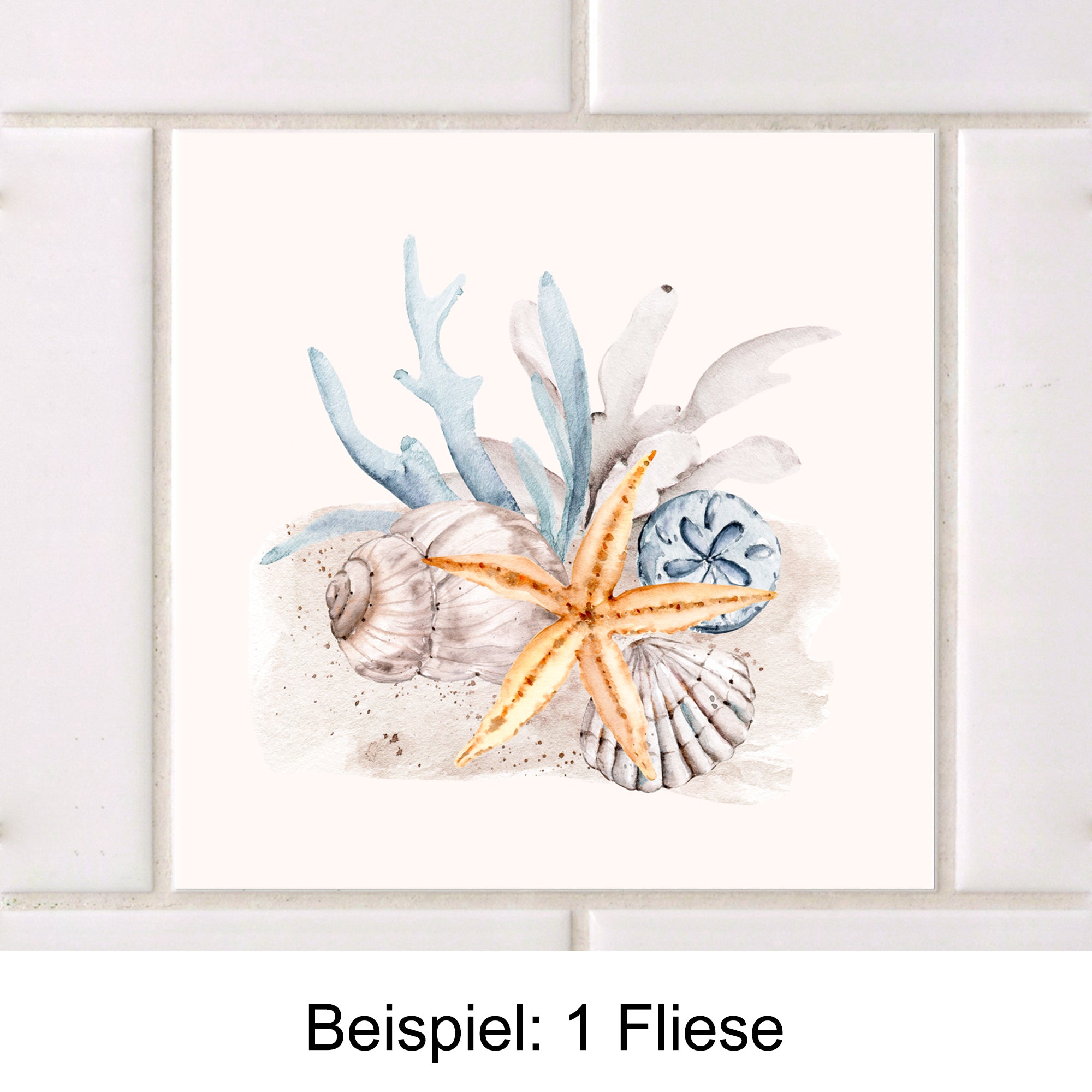 Muschel- und Seestern-Motiv in sanften Blau- und Beigetönen.