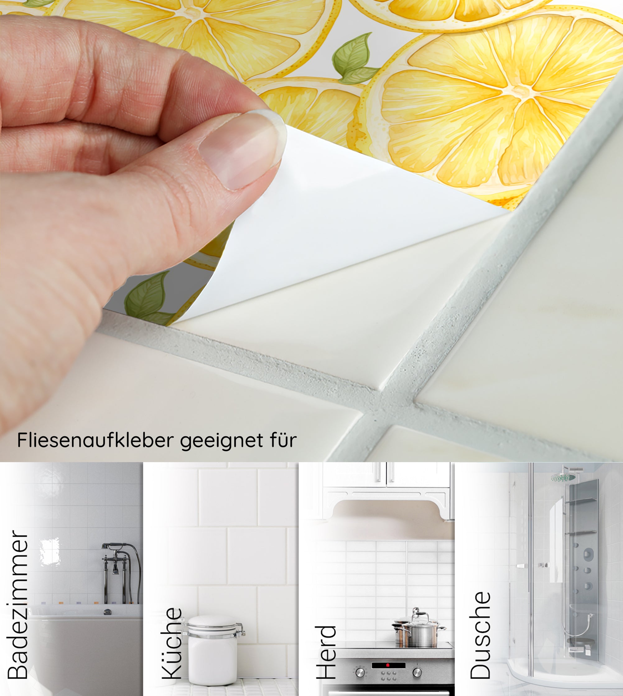 Fliesenaufkleber mit Zitronenmotiv für Bad, Küche und Dusche.