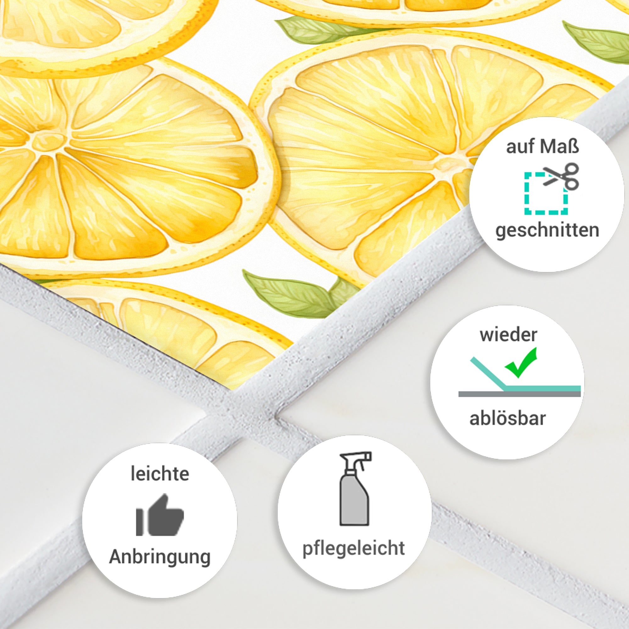 Gelbe Zitronenscheiben auf weißem Hintergrund, pflegeleicht und ablösbar.