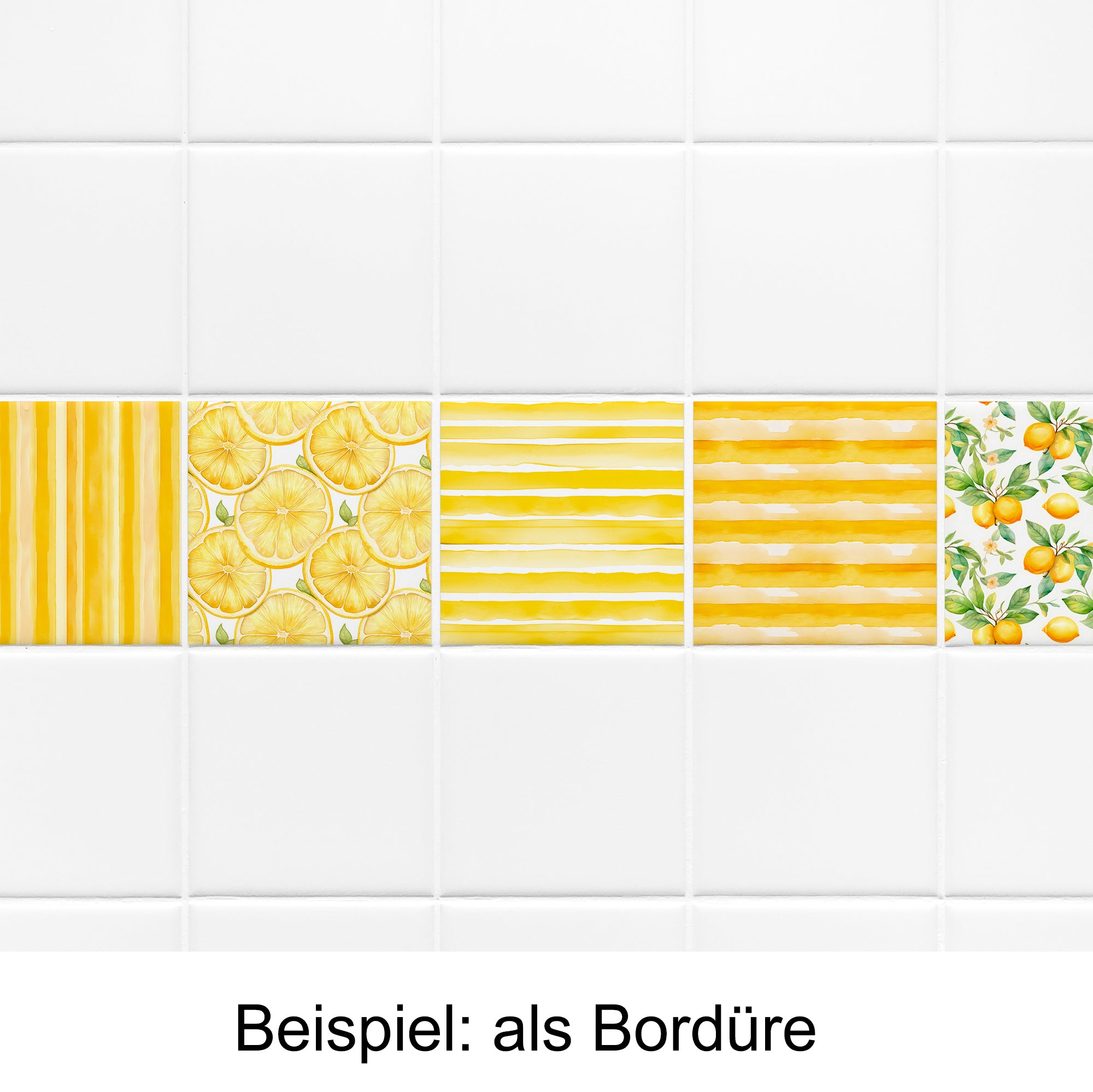 Gelbe Fliesenbordüre mit Zitronen- und Streifenmustern.