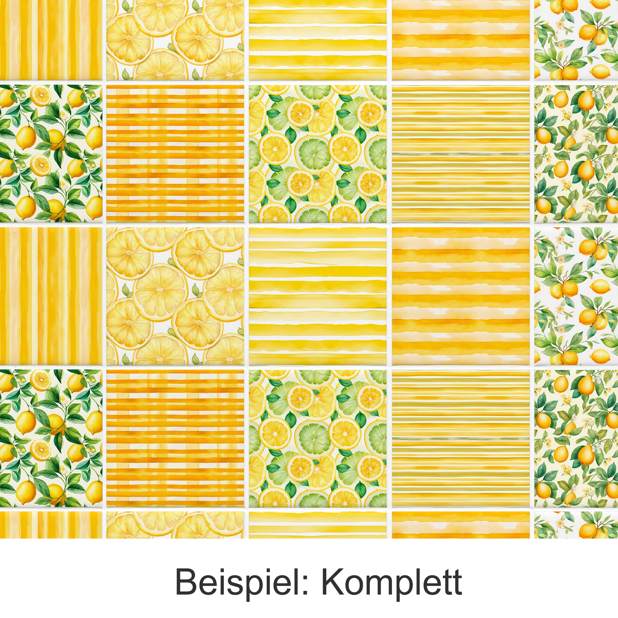 Gelbe Muster mit Zitronen, Streifen und floralen Designs.