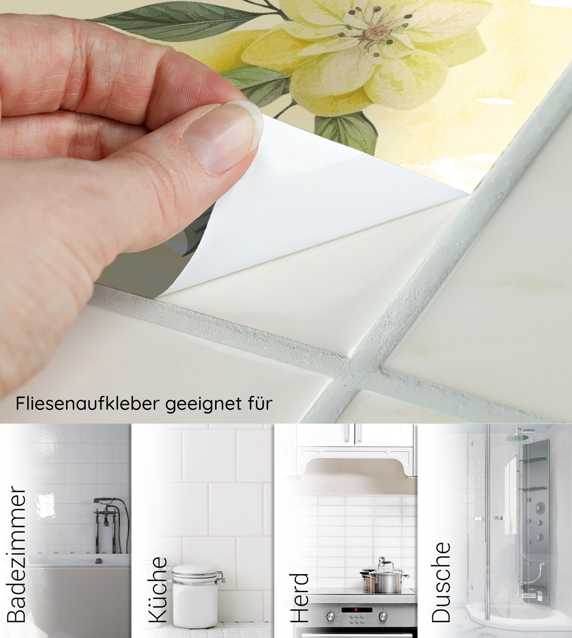 Fliesenaufkleber mit floralen Motiven, geeignet für verschiedene Räume.