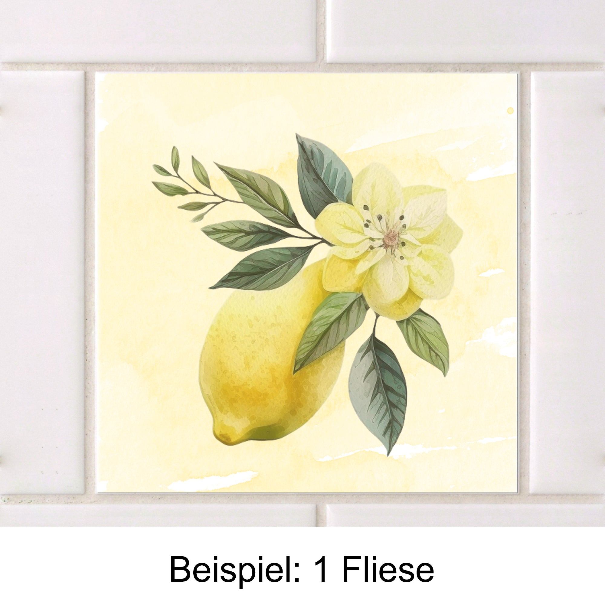 Gelbe Zitrone mit Blüten und grünen Blättern.