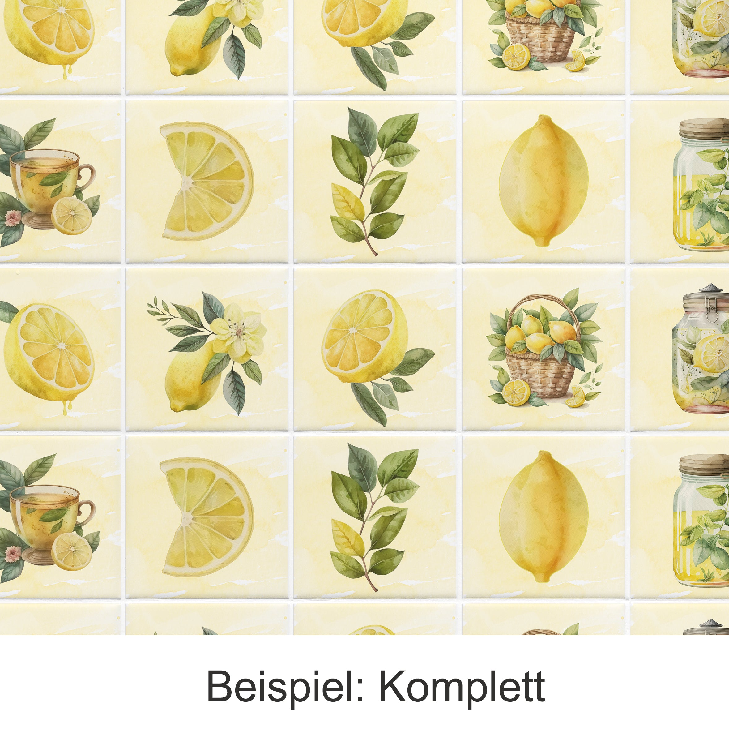 Gelbe Fliesen mit Zitronenmotiven und grünen Blättern.