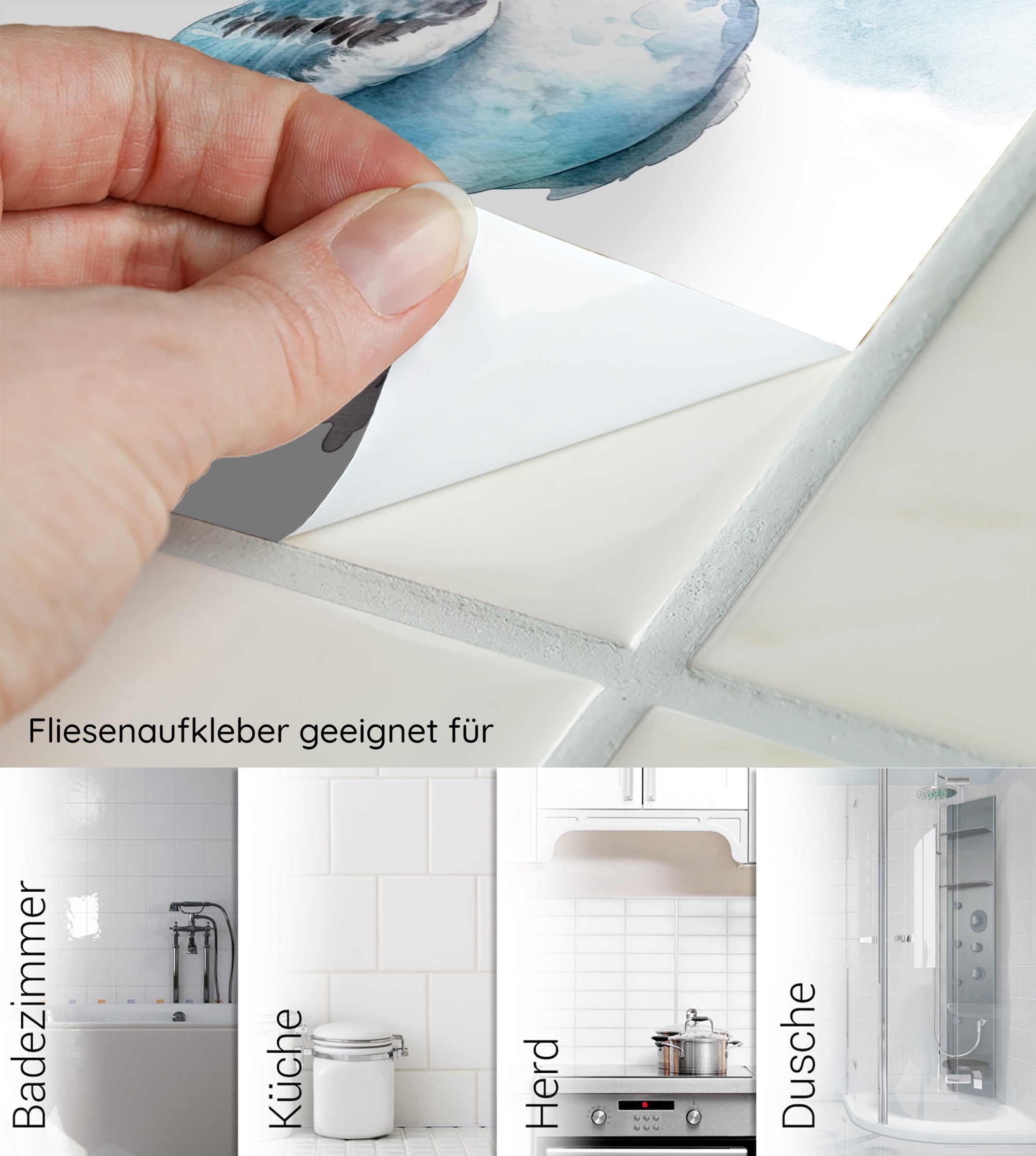 Fliesenaufkleber mit blauem Vogelmotiv für Badezimmer und Küche.