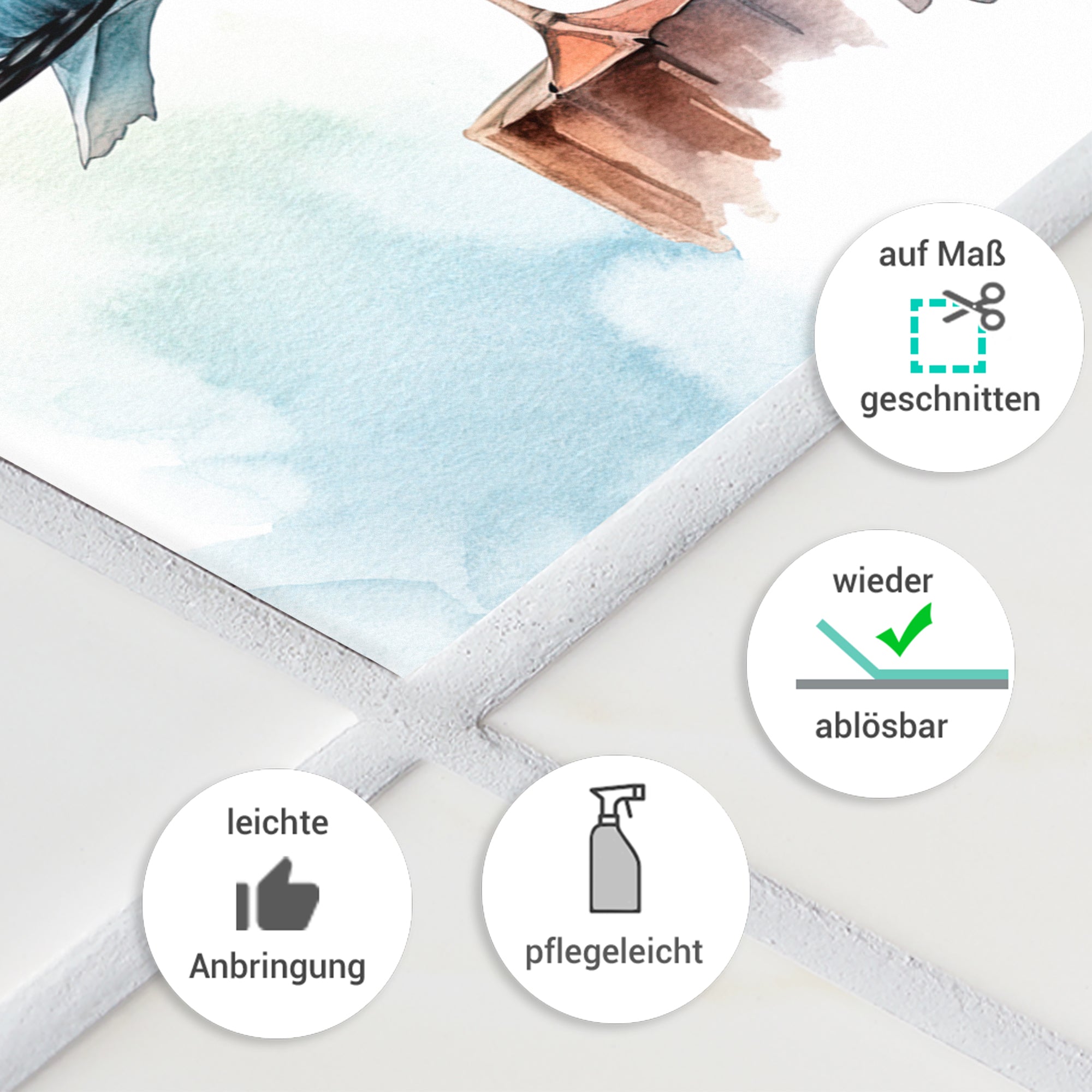 Wandtattoo in sanften Farben, pflegeleicht und wiederablösbar.