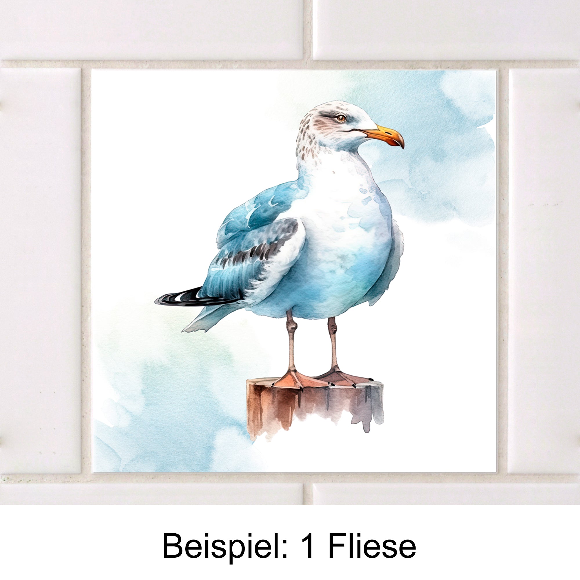 Möwe mit blauen und weißen Federn auf Holzpfosten.