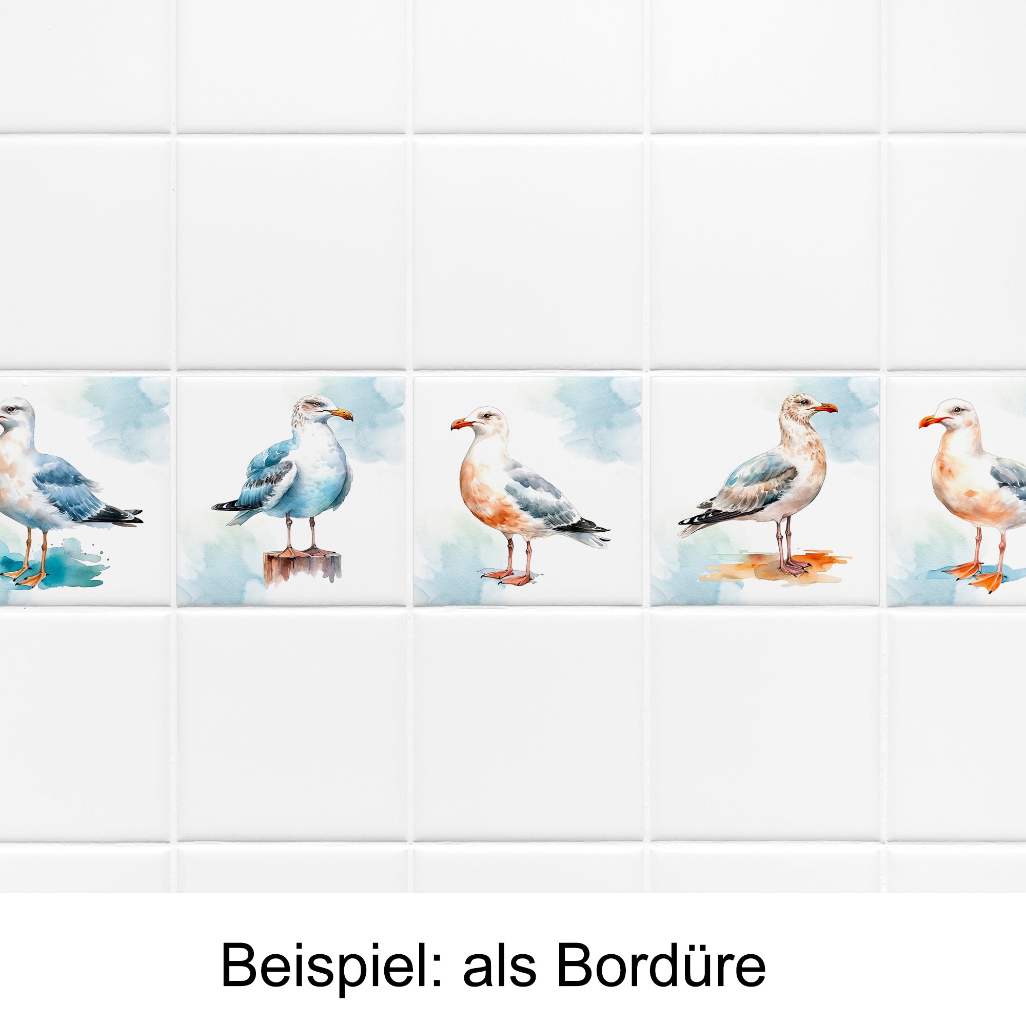 Vogel-Motiv-Fliesen in Blau- und Weißtönen als Bordüre.