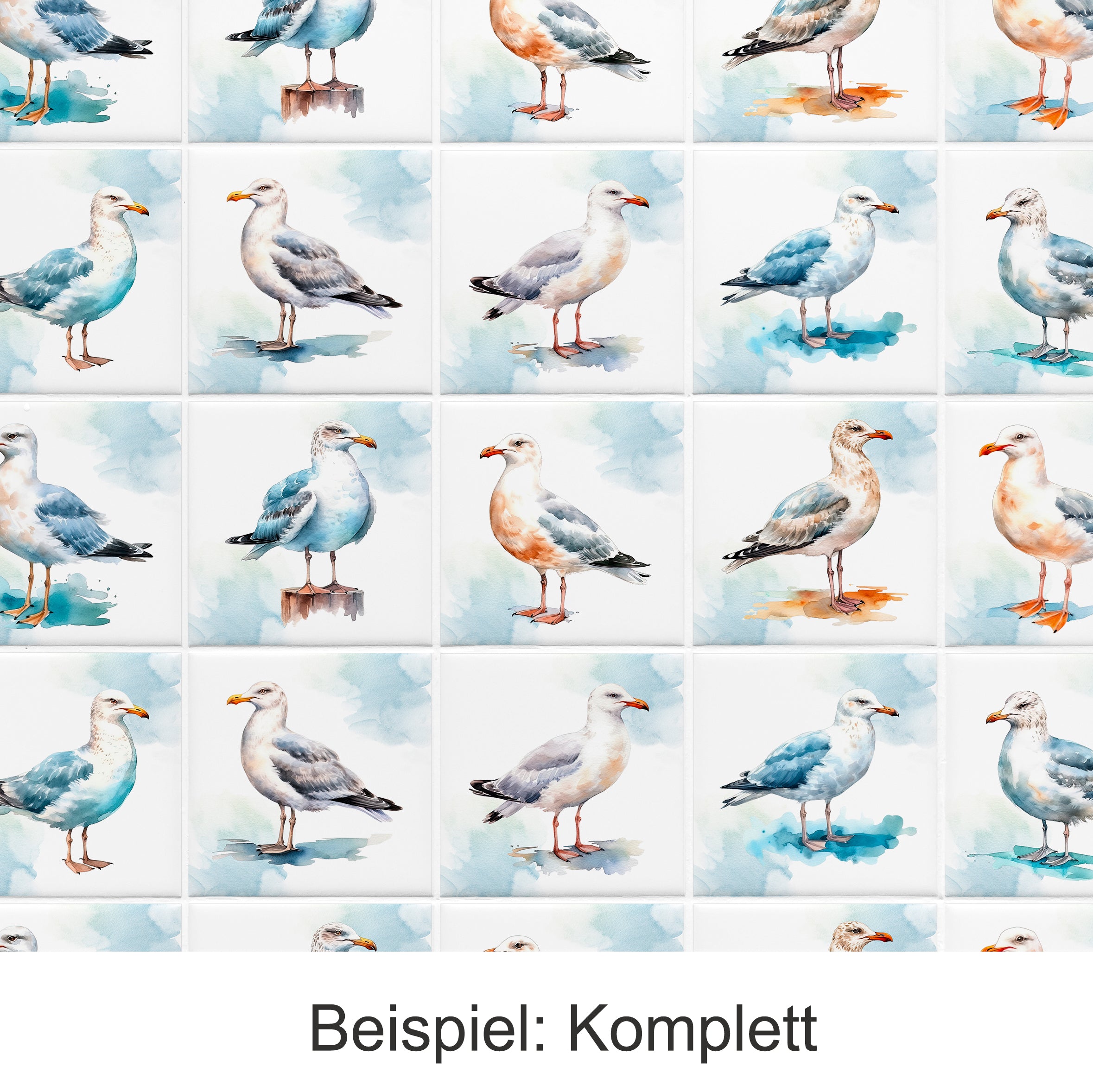 Muster mit verschiedenen Möwen in sanften Blau- und Grautönen.