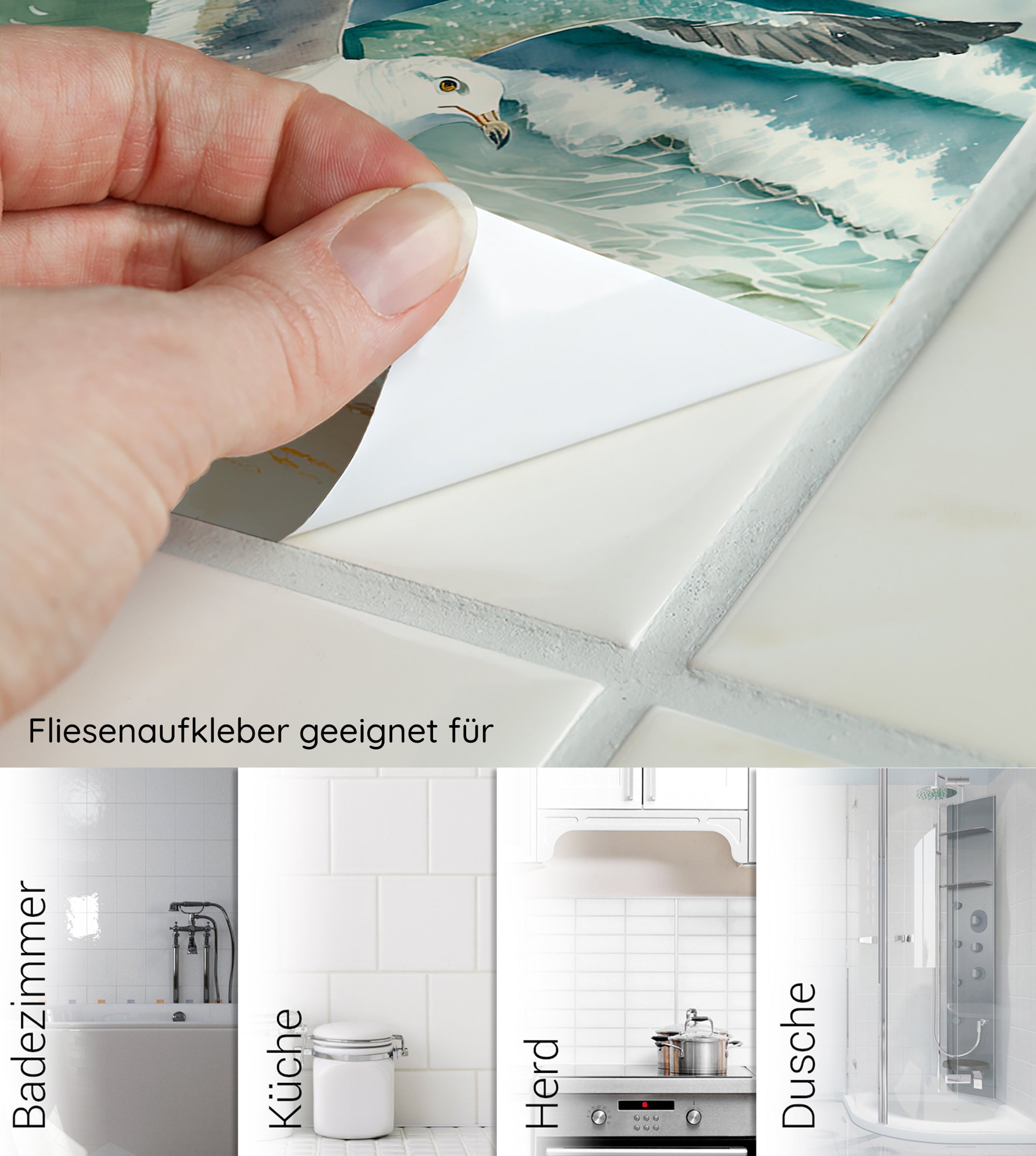 Fliesenaufkleber mit Wellenmotiv, geeignet für Badezimmer und Küche.