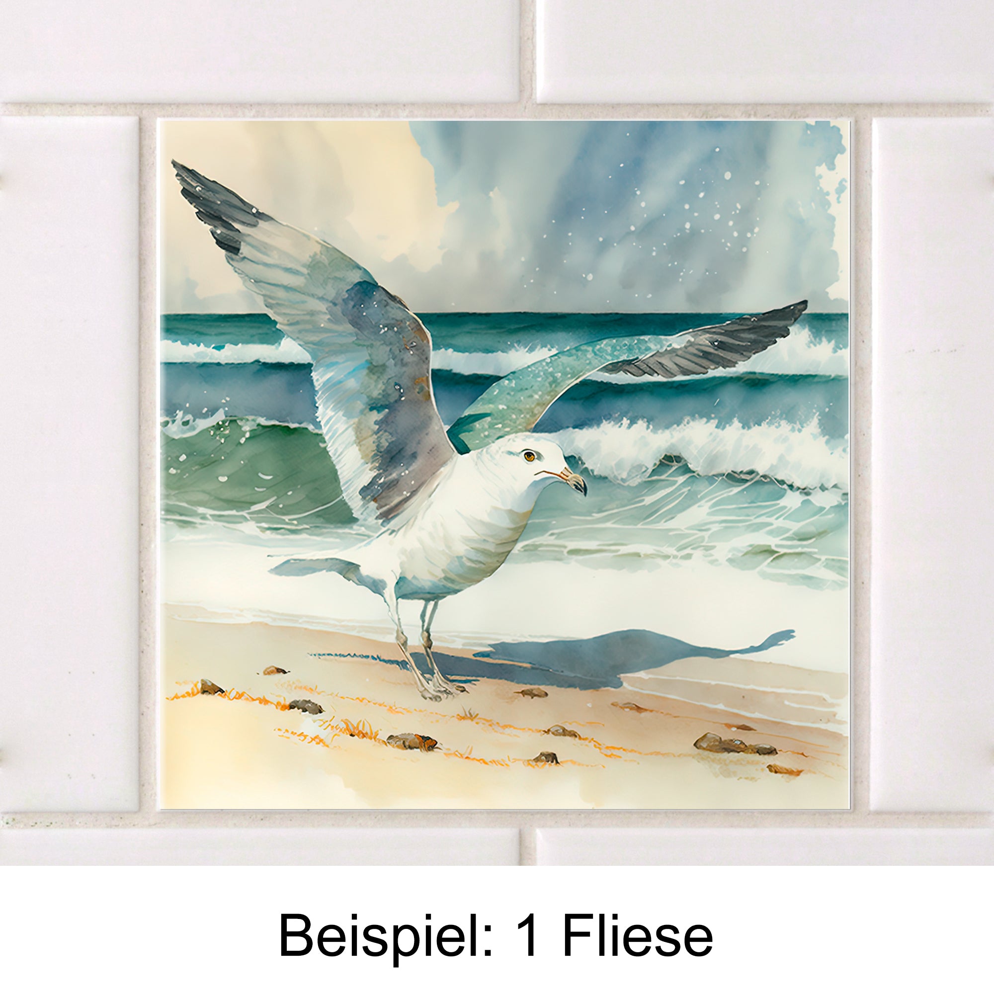 Fliese mit fliegender Möwe am Strand, blau-weiße Farben.