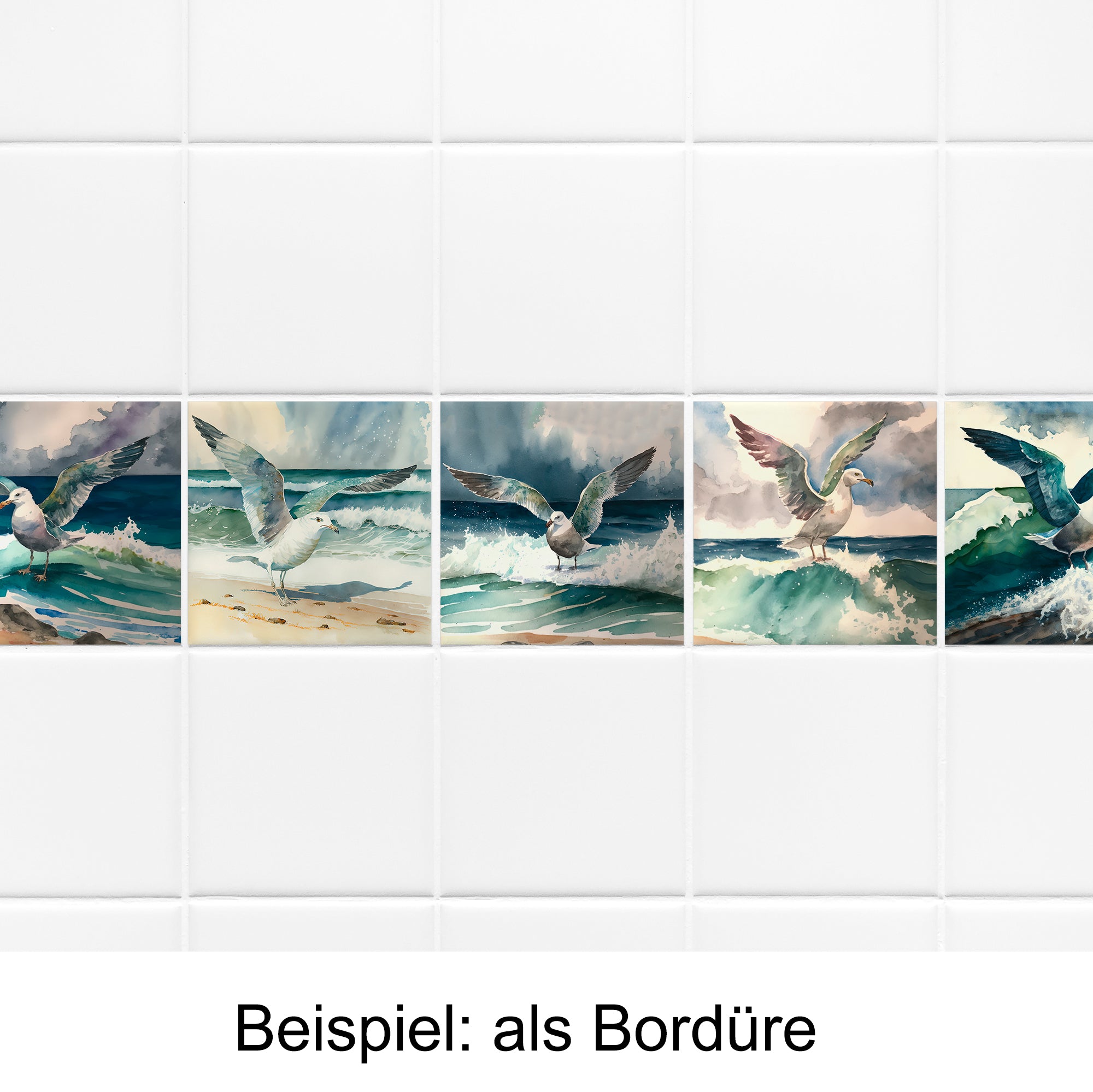 Vogelmotiv auf Fliesen, blaue Wellen, maritime Farben.